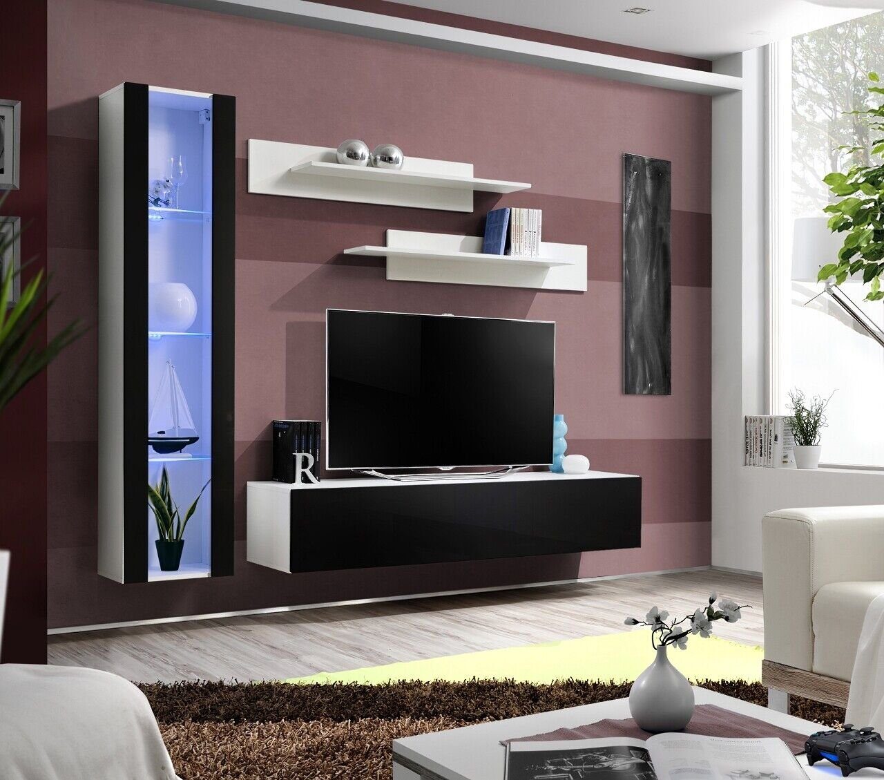 JVmoebel Wohnzimmer-Set Luxus Set 4tlg Designer Wohnwand Wohnzimmermöbel TV Ständer, (5-St., 1x Wohnwand + 1x TV Ständer + 1x Hänge Vitrine + 2x Wandregale), Made in Europa