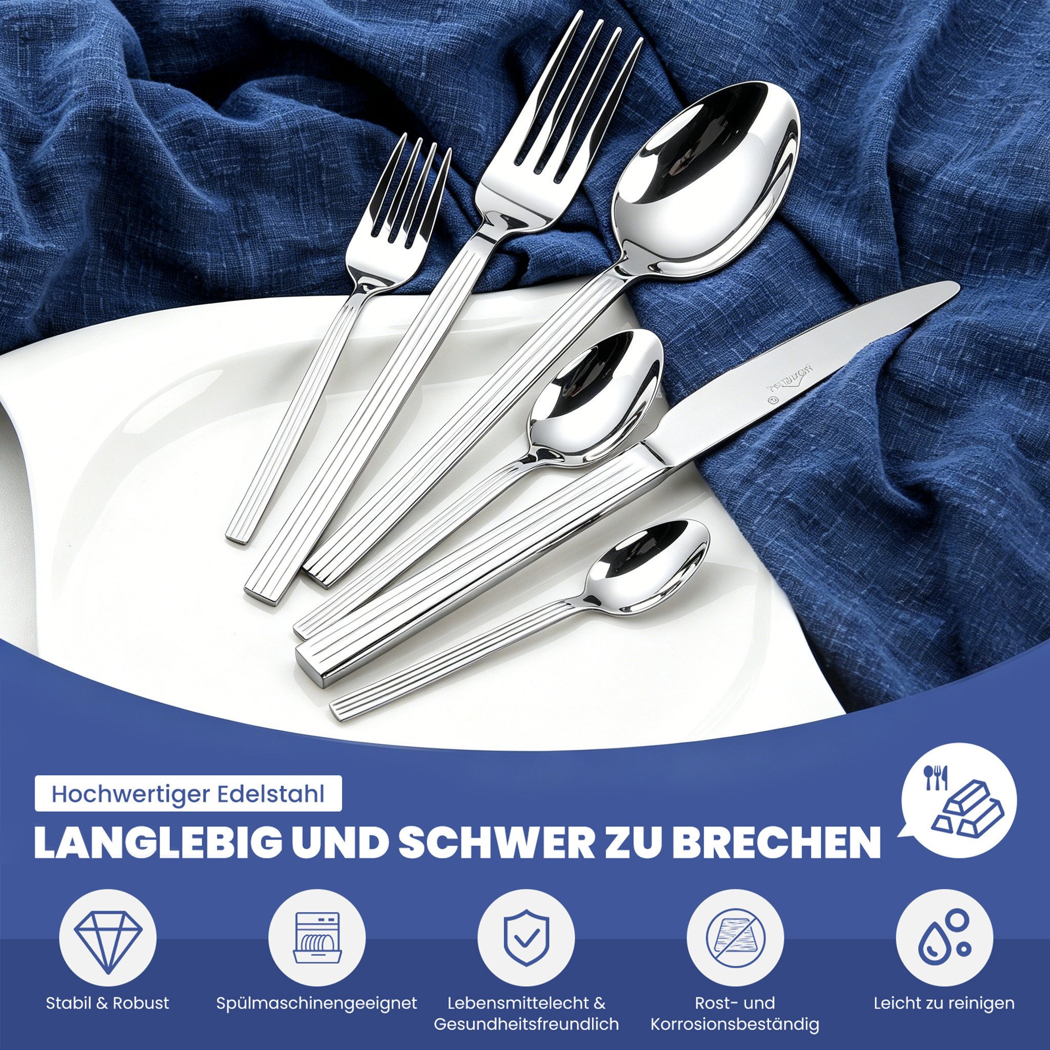 HOMELUX Besteck-Set Besteck set elegante Optik, ergonomische Haptik, Wellenschliff-Messer (72-tlg), 12 Personen, Edelstahl, Spiegelpoliert,spülmaschinengeeignet,hochwertiger Besteckkasten