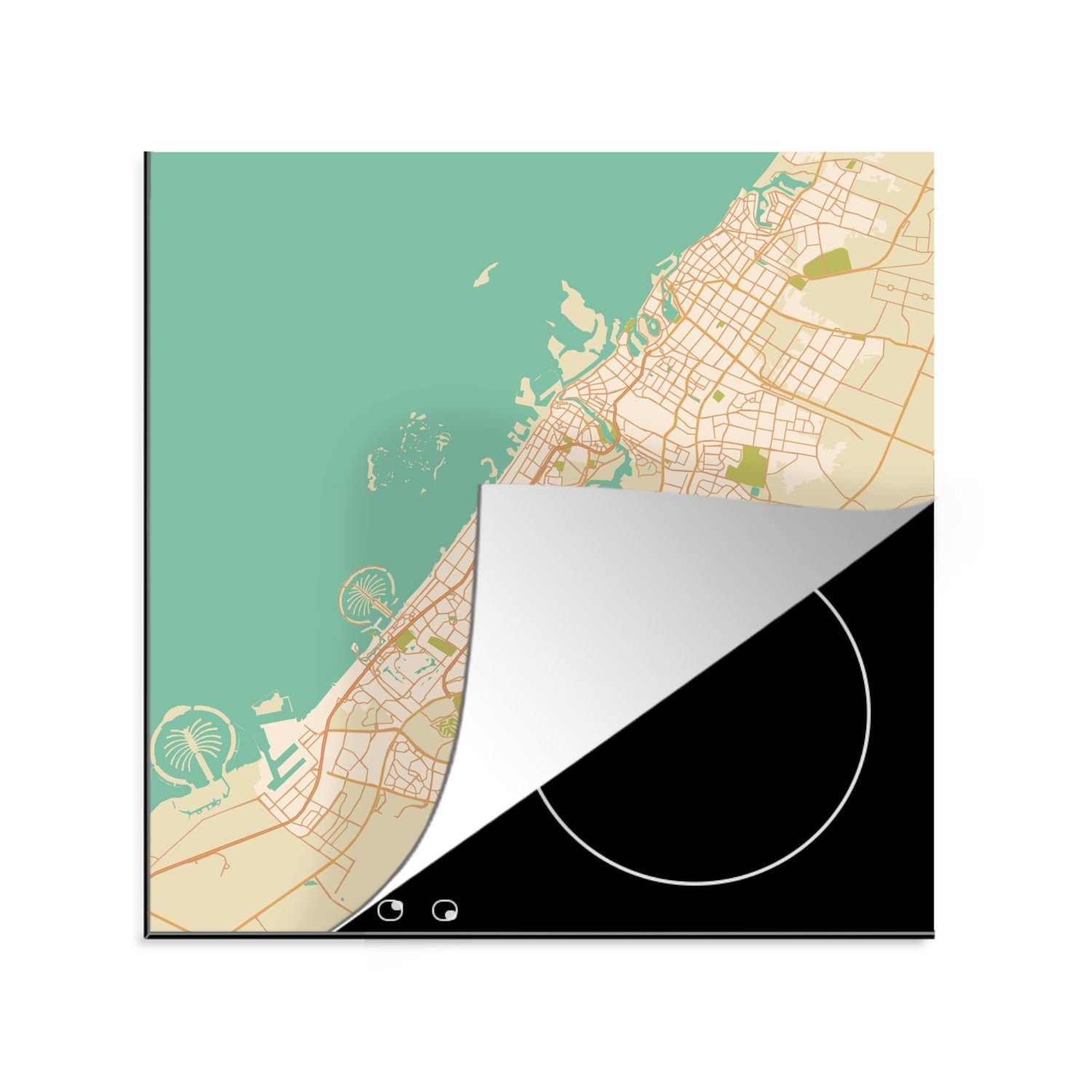 MuchoWow Herdblende-/Abdeckplatte Dubai - Karte - Stadtplan - Vintage, Vinyl, (1 tlg), 78x78 cm, Ceranfeldabdeckung, Arbeitsplatte für küche