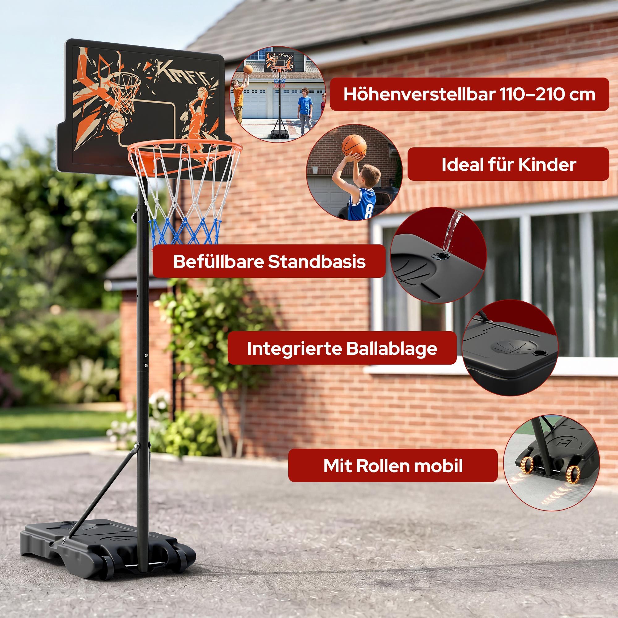 KM - Fit Basketballkorb Basketballständer höhenverstellbar mobil mit Rollen 110-210 cm (Basketballständer 110-210 cm), stabiler Standfuß, wetterfest und ideal für Outdoor-Nutzung