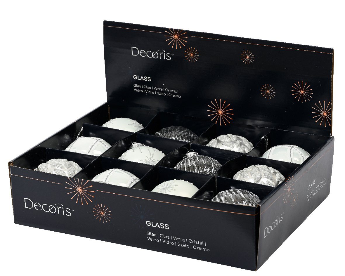 Decoris / season Glas Weiß Silber Set Weihnachtskugeln 8cm, decorations 12er - Weihnachtsbaumkugel, Ornamente Mix