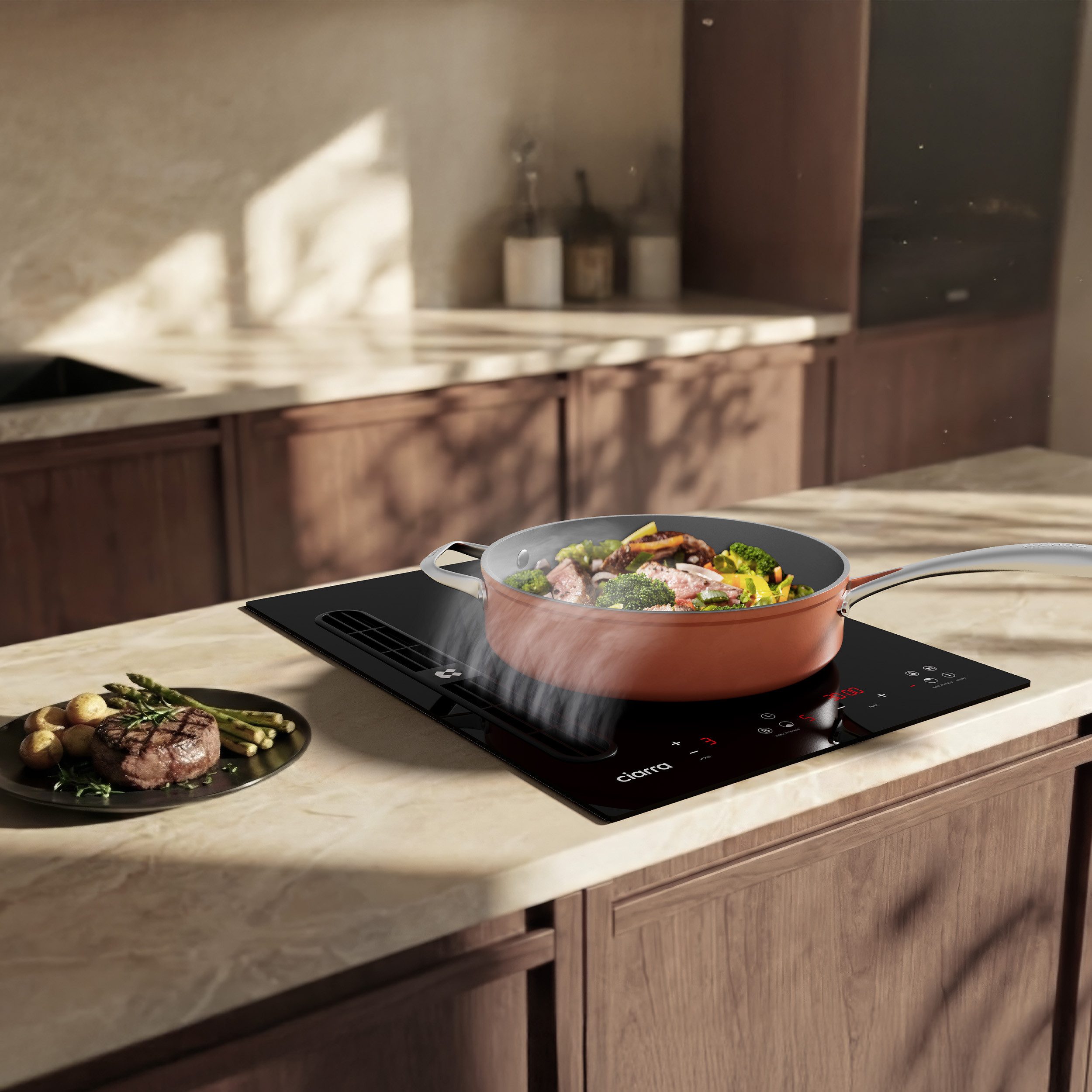 CIARRA Kochfeld mit Dunstabzug 39 cm Kochfeldabzug mit integriertem Plasma⁺-System 3565W CIARRA ONE CBBEH392B, 2 Zonen Induktionskochfeld mit Dunstabzug 39cm mit Boost Touch