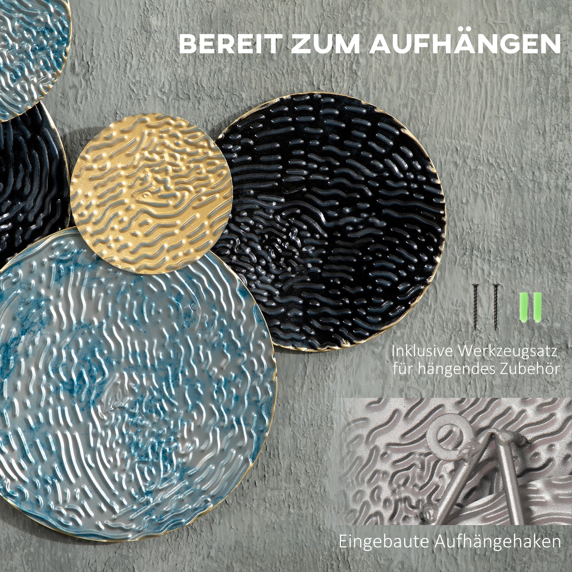 HOMCOM 3D Wandbild Wandornament Wanddekoration Metallbild Wandskulptur, Rund (Wohnzimmer-Kunst, 1 St), Modern 121 x 53 cm