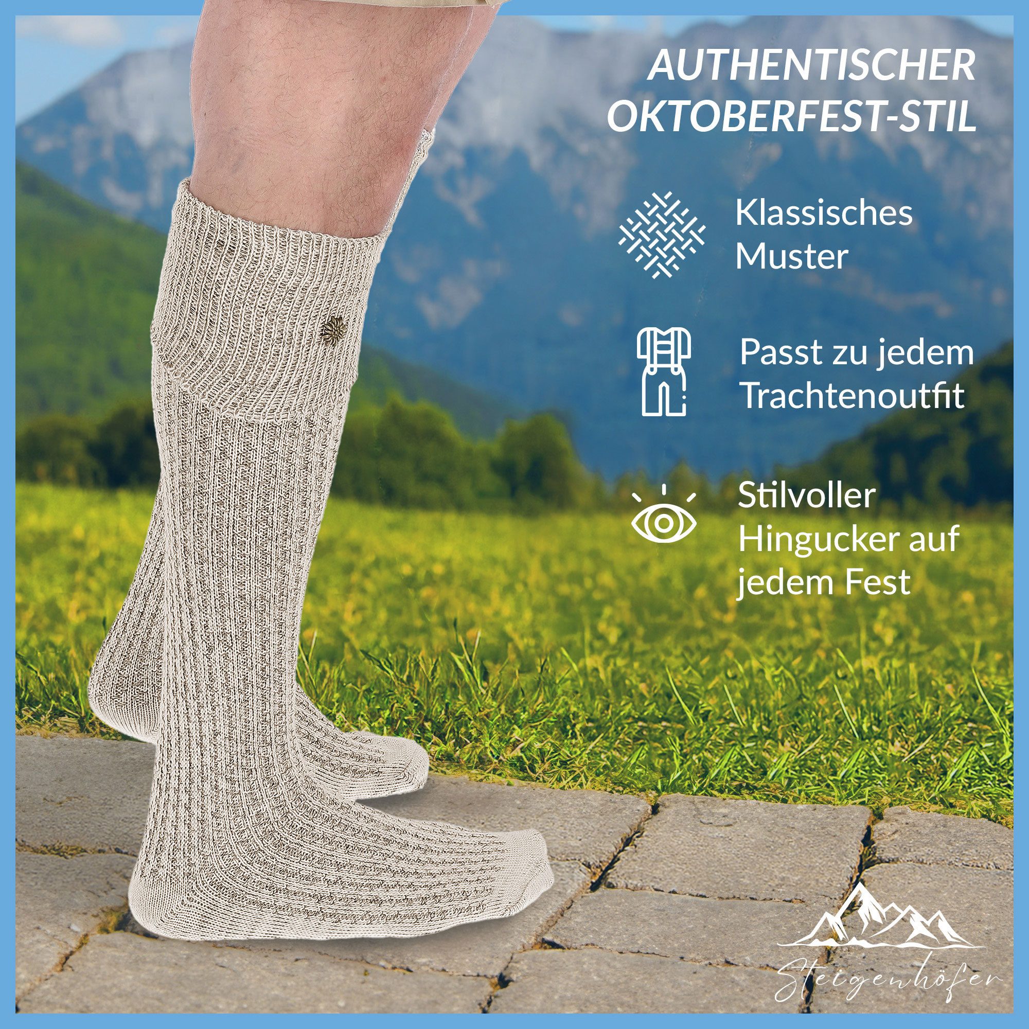 Steigenhöfer Manufaktur Trachtensocken für Herren und Damen – Socken mit Zopfmuster und Edelweißanstecker Oktoberfest Strümpfe aus Baumwolle für Männer & Frauen