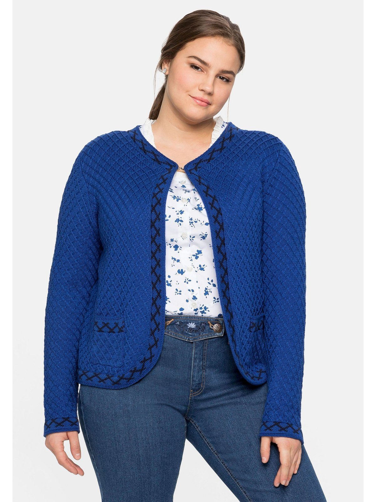 Trachten-Look Größen Zierborte royalblau Sheego mit im Strickjacke Große