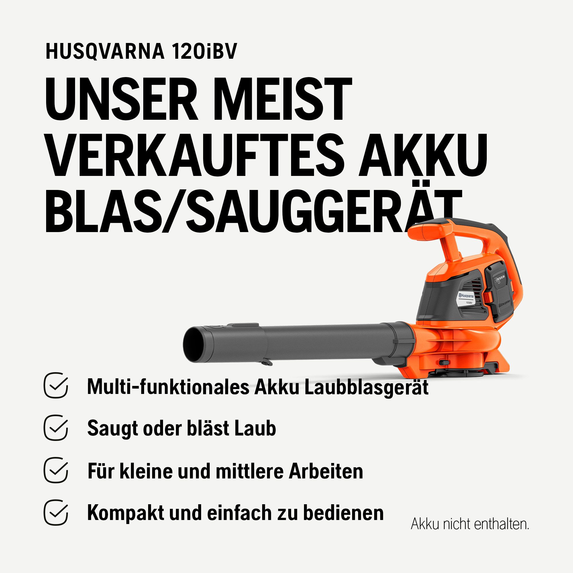 Husqvarna Akku-Laubbläser 120iBV, 36V, 10 N Blaskraft, verstellbar, bürstenlos, inkl. Akku & Ladegerät