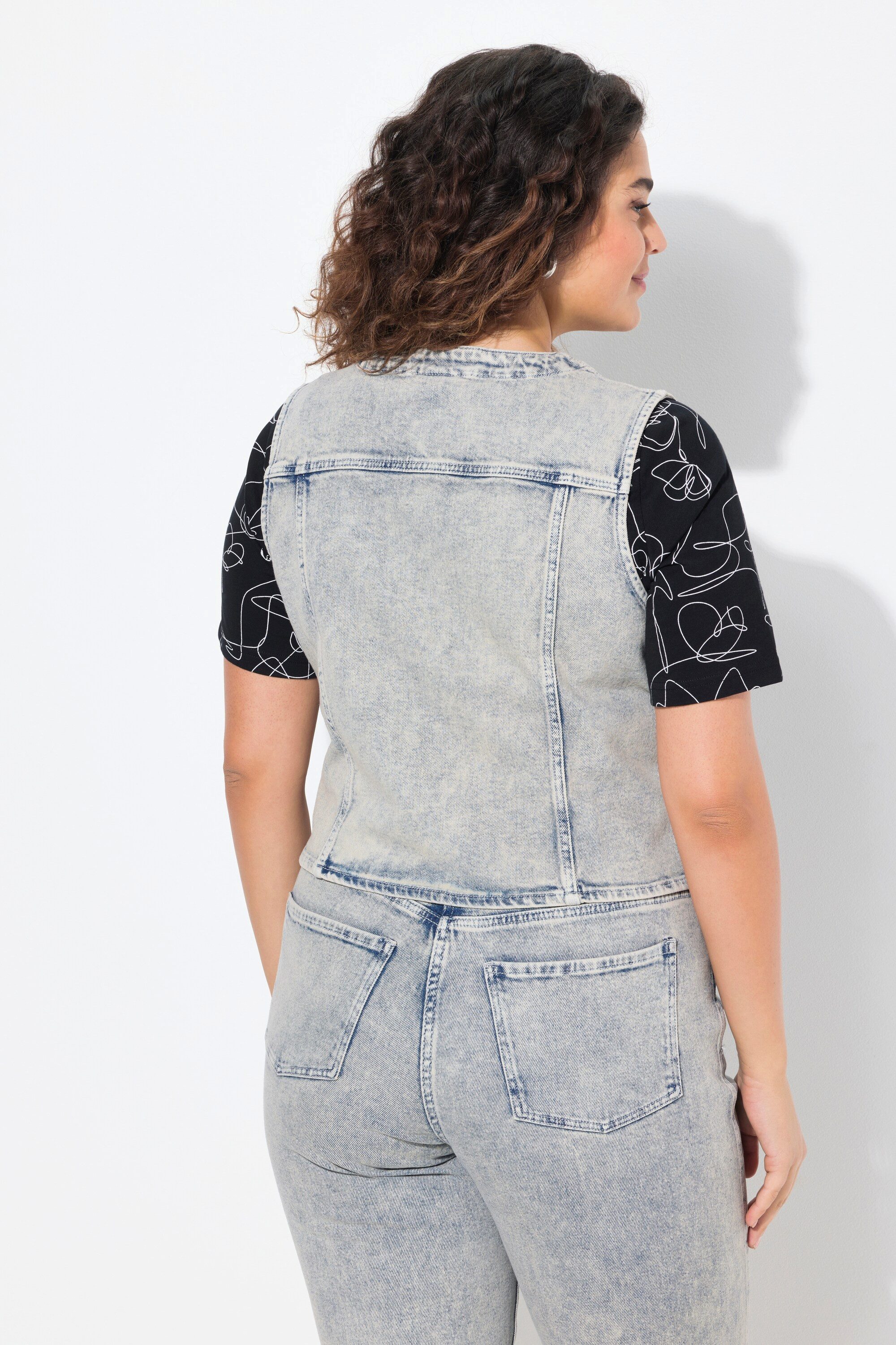 Ulla Popken Jeansweste Jeansweste spitzer Saum Stretchdenim V-Ausschnitt