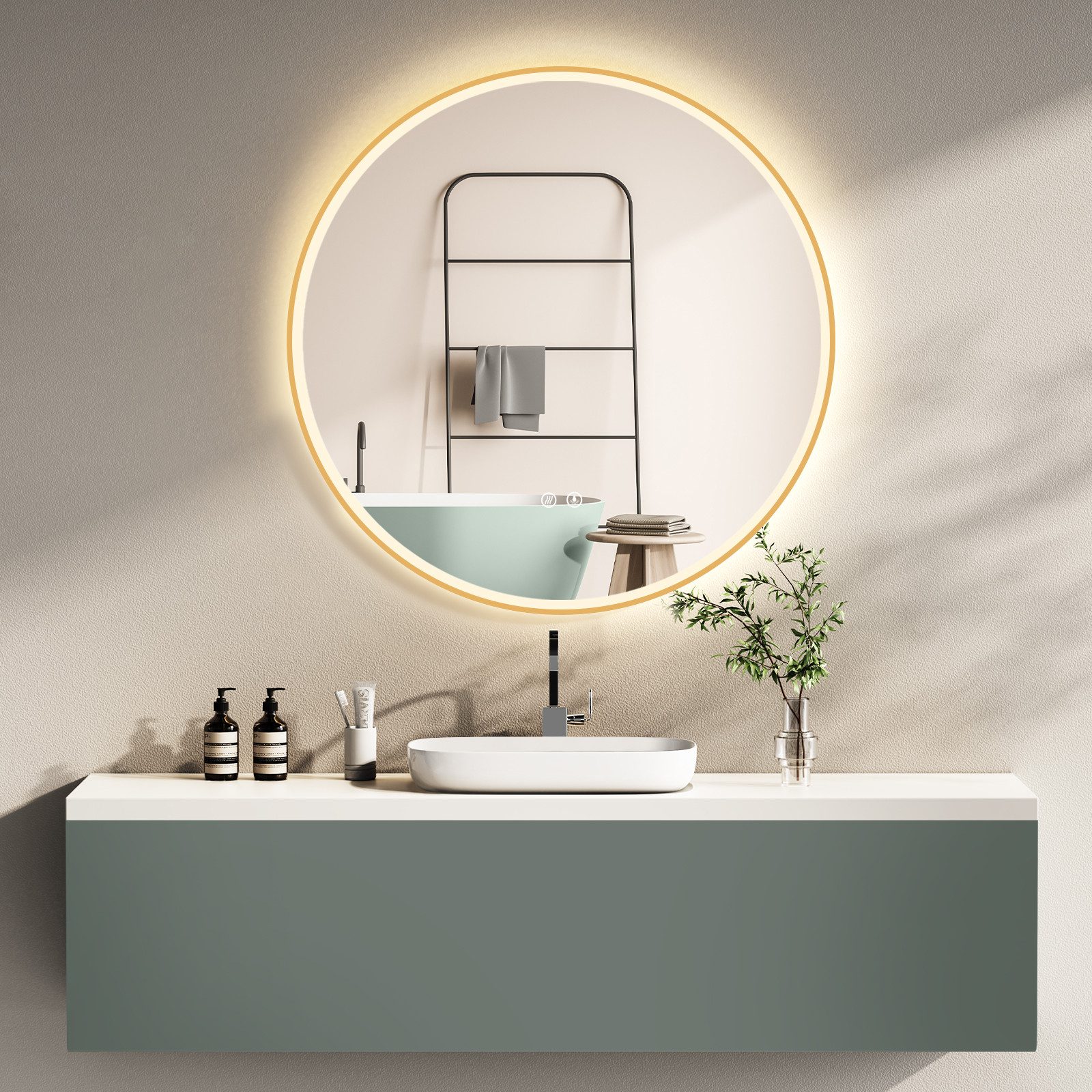 HOKO Badspiegel rund mit Beleuchtung, Anti-Beschlag und Memory-Funktion (60 cm Wandspiegel mit goldfarbenem Aluminiumrahmen, mit Anti-Beschlag und stufenlosem Farbwechsel von 2700 bis 6500 K), für Bad, Gäste-WC, Schminktisch, Pflege und Rasur, IP44, Luxem