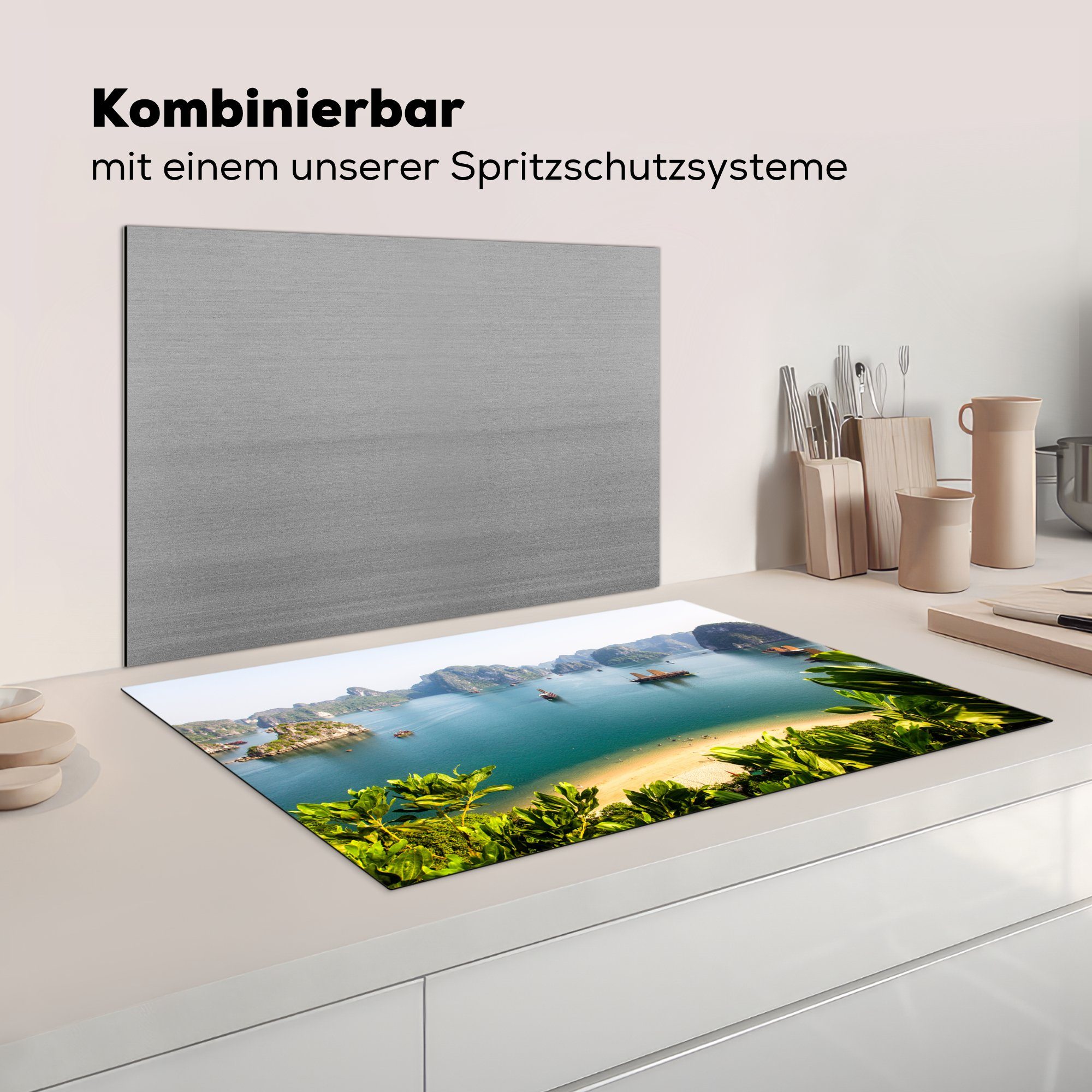 küche, für Vinyl, Induktionskochfeld Halong-Bucht, Schutz (1 Ceranfeldabdeckung tlg), cm, die 81x52 Luftbildaufnahme Herdblende-/Abdeckplatte MuchoWow