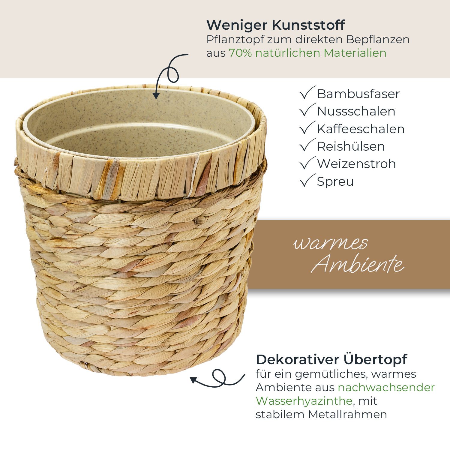 HMF Wasserhyazinthentopf Innovativer Blumentopf geflochten aus Wasserhyazinthe (1 St), mit Pflanztopf aus nachhaltigen Rohstoffen, Rund, ø 25 cm