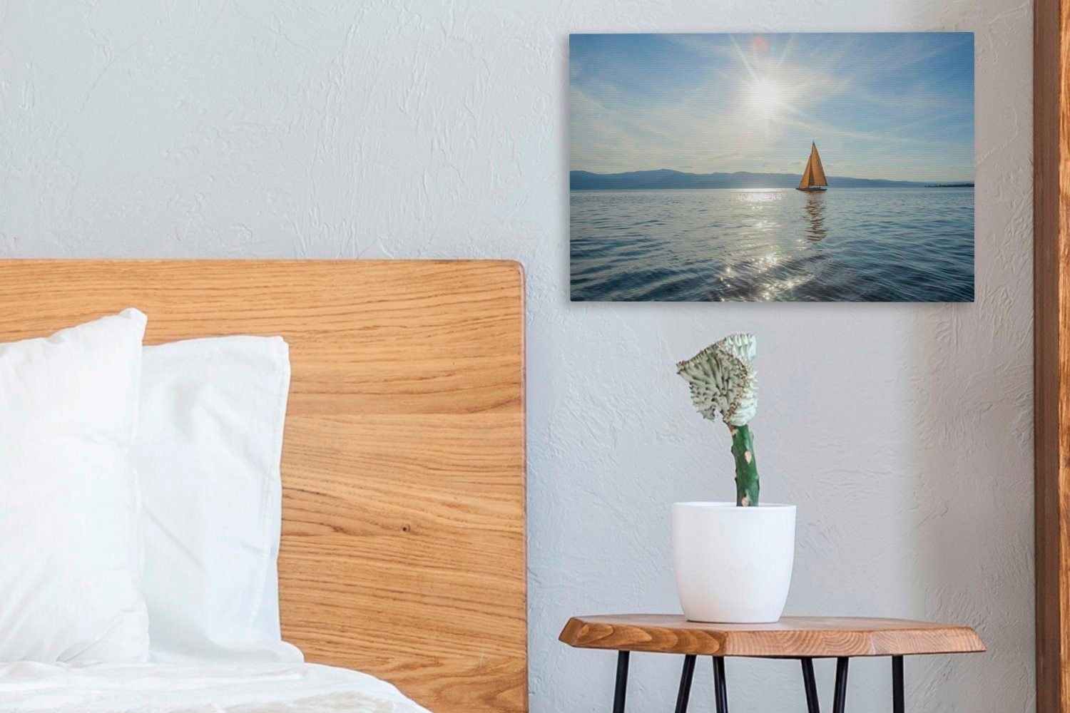 Leinwandbild einem Segelboot cm 30x20 Aufhängefertig, Wanddeko, gelben Sonnenstrahlen Leinwandbilder, OneMillionCanvasses® auf dem St), Wandbild See, (1 über