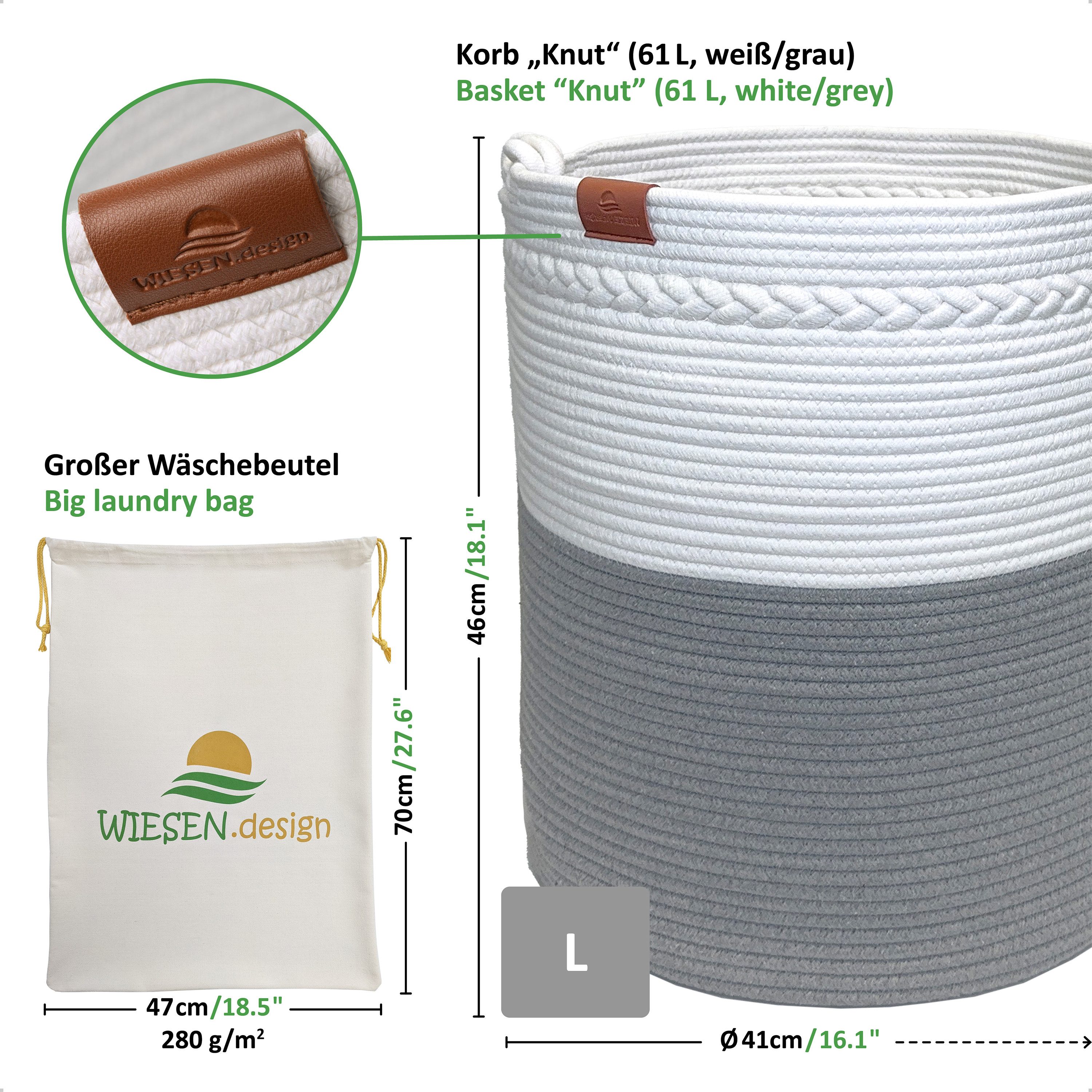 WIESEN.design Wäschekorb KNUT, Wäschekorb geflochten aus Baumwolle, faltbarer Wäschekorb, (Wäschetonne, Wäschetruhe, laundry basket, Wäschesammler, Aufbewahrungskorb groß, Korb geflochten), inkl. schwerem Wäschesack, gratis Versand