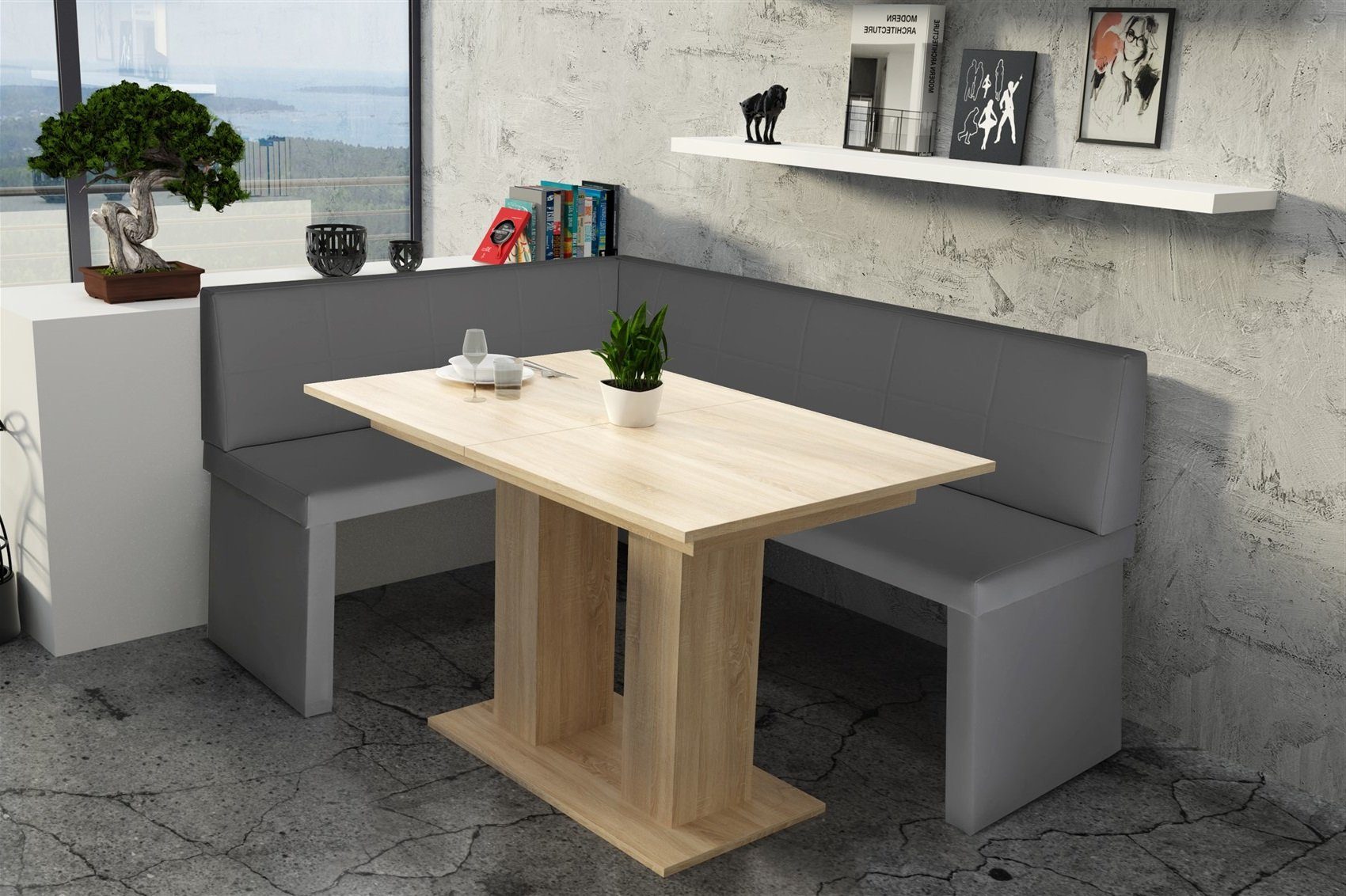 Kunstleder Fun 168x128cm Eckbankgruppe „Robin“ Tisch Möbel sonoma“, mit ausziehbarer Grau Tisch in Eckbankgruppe „Dante