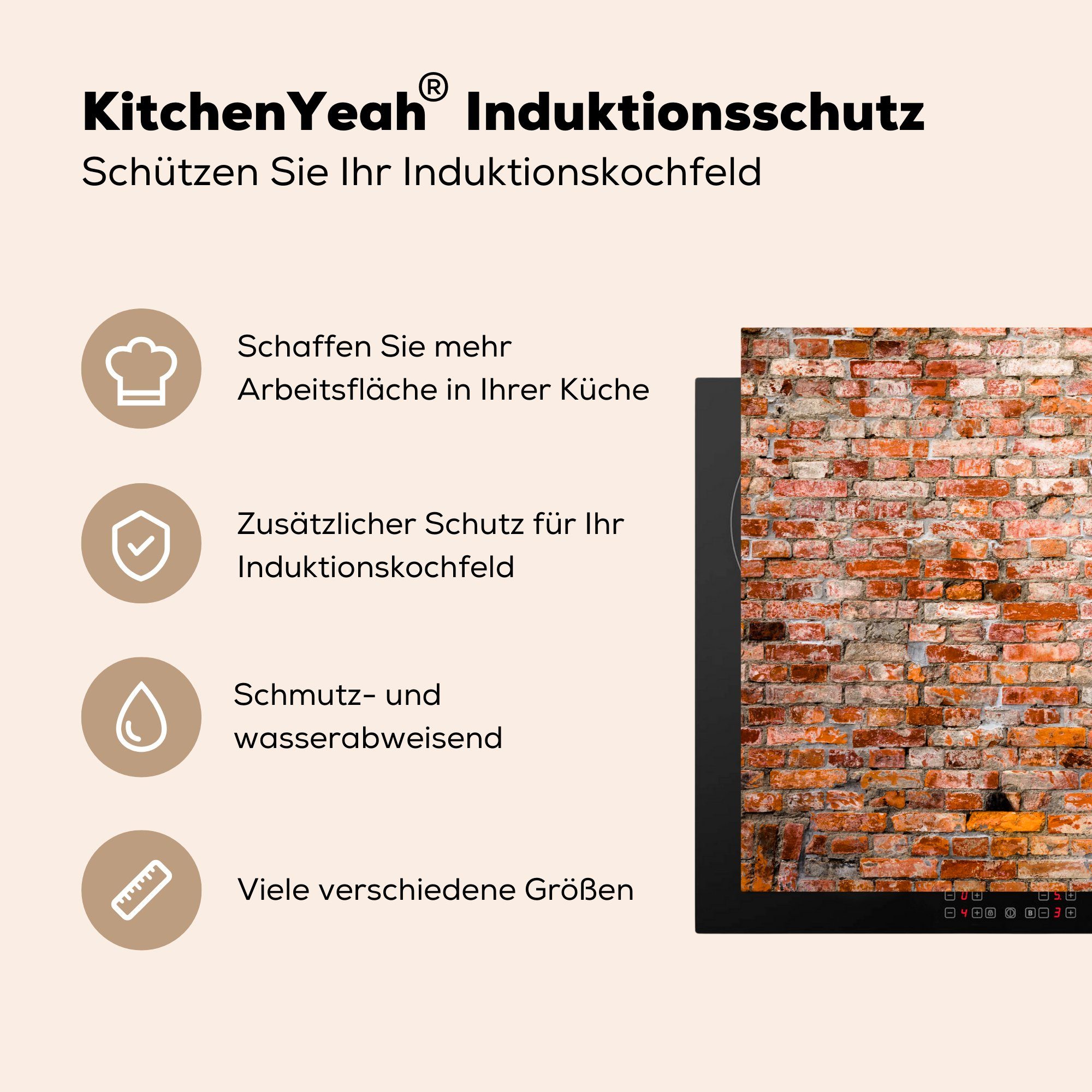 MuchoWow Herdblende-/Abdeckplatte Ziegelstein - Induktionskochfeld Ceranfeldabdeckung - (1 die küche, cm, Schutz Orange tlg), Wand, 81x52 für Vinyl