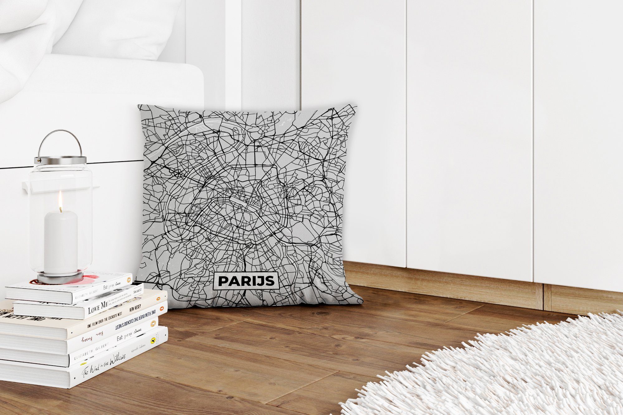 - Schwarz Dekokissen mit Paris Schlafzimmer, Wohzimmer, Karte, Füllung und Sofakissen Stadtplan MuchoWow - weiß Zierkissen - für Deko,