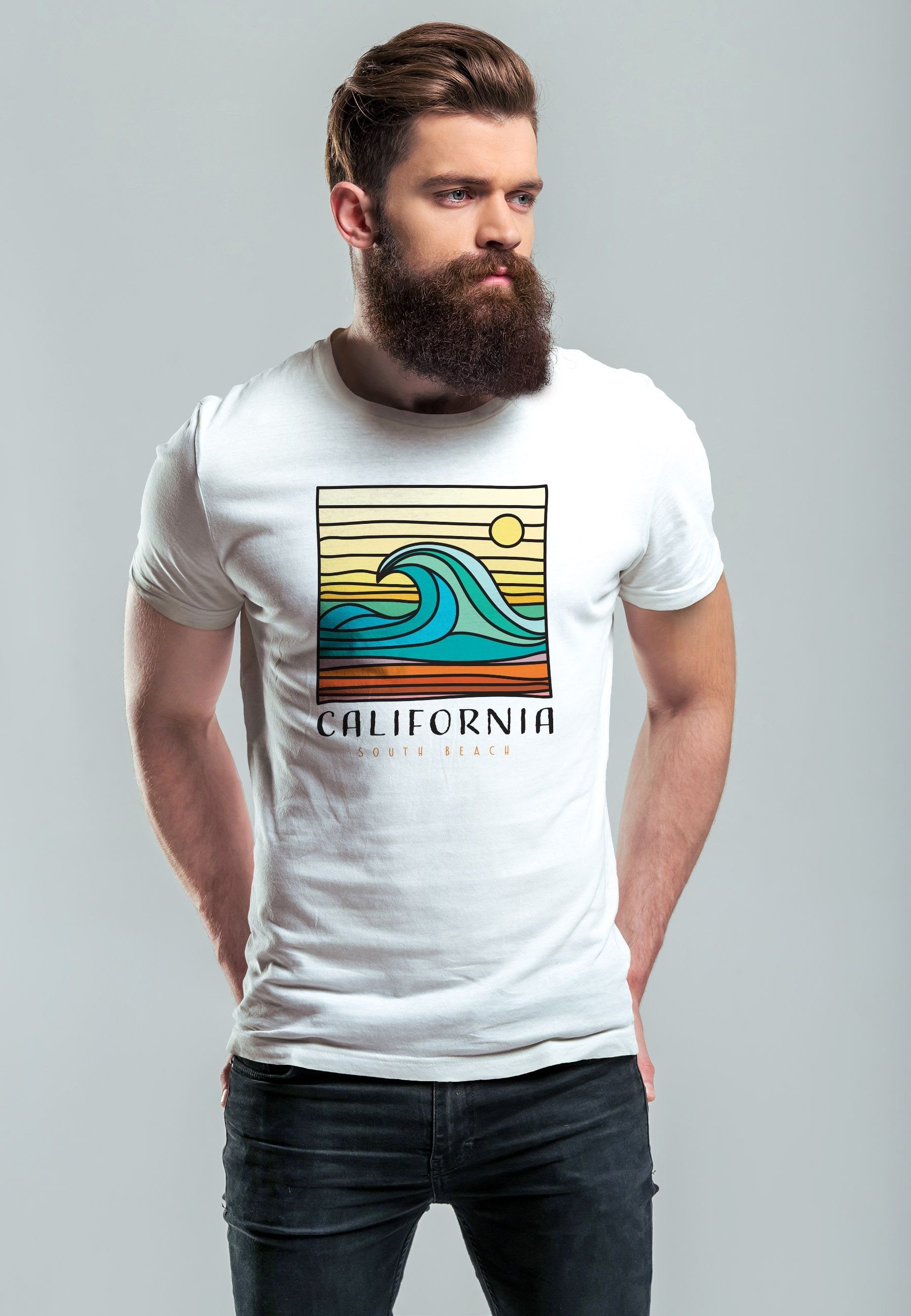 Neverless Wave mit T-Shirt Beach Print Surfing Print Aufdruc Herren South Print-Shirt weiß Welle California