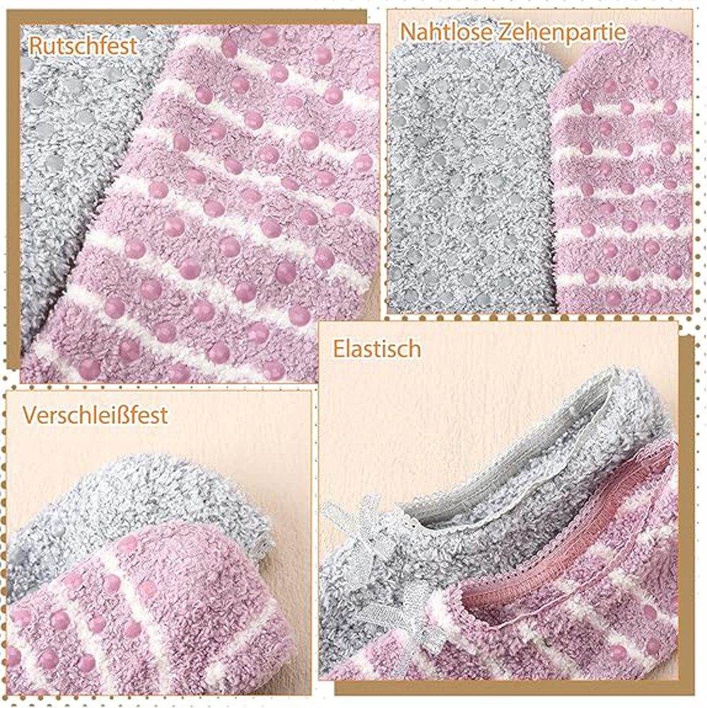 Coonoor Haussocken Fluffy Hausschuh-Socken für Damen – Rutschfest, Weich & Wärmend (6-Paar) Winter, mit Antirutsch-Noppen für Boden (EU 35-40)
