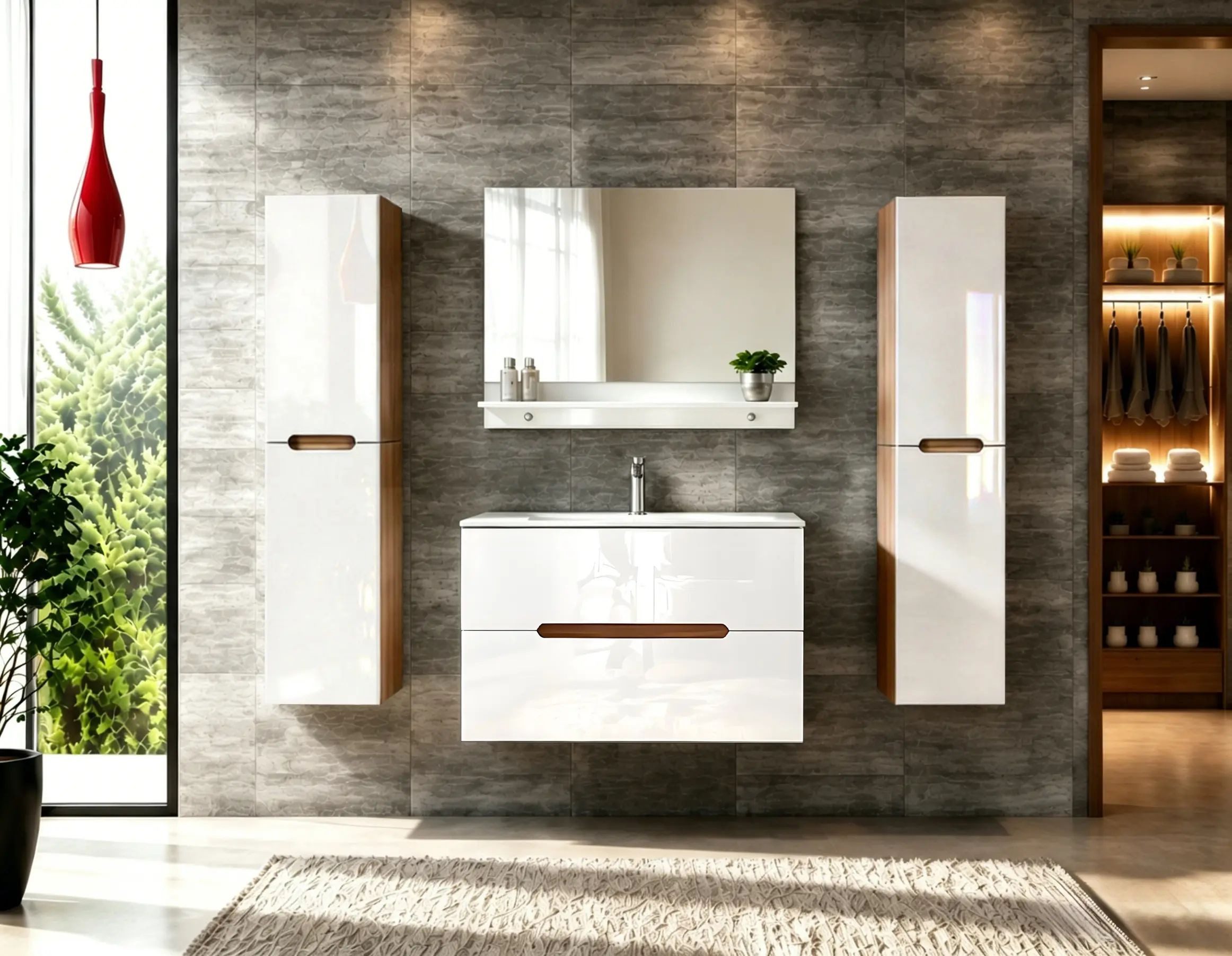 Faizee Möbel Badmöbel-Set Otto Set-Aliyah-160cm Seitenschrank-Holz/Weiß