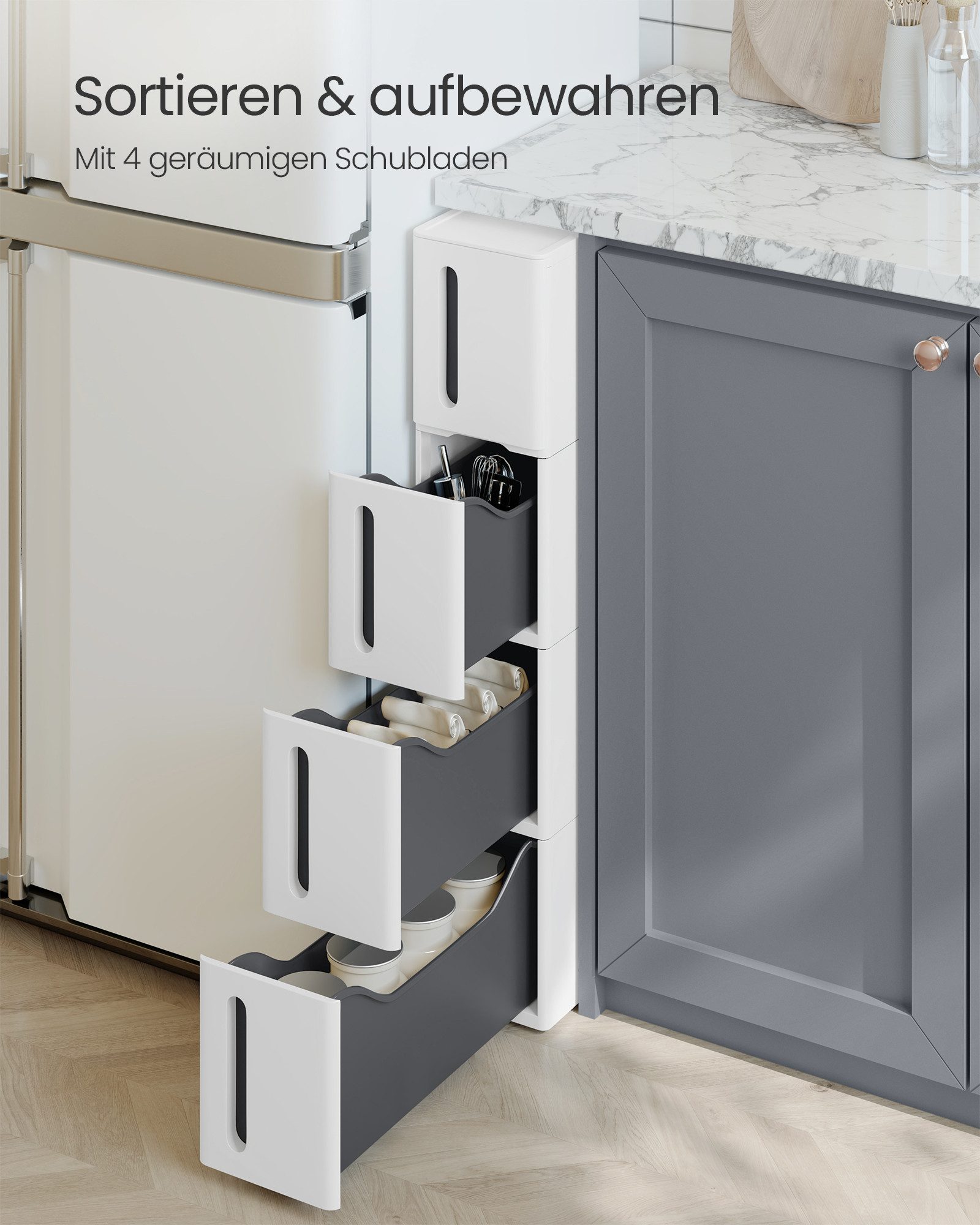 SONGMICS Beistellwagen Nischenregal mit Rollen, Rollwagen, 4 tiefe Schubladen, 17,3 cm breit, viel Stauraum