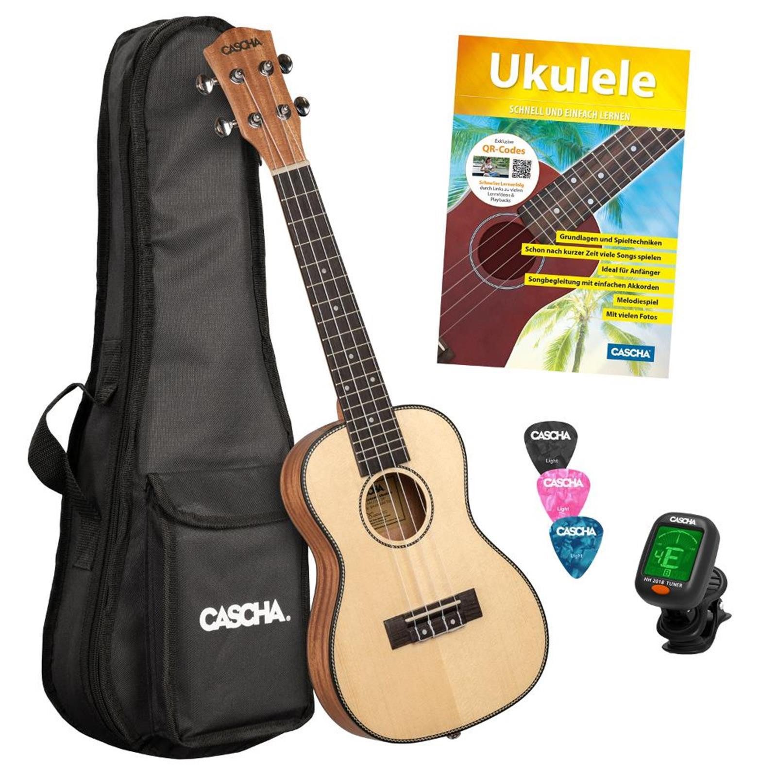 Cascha Ukulele Solid Top Concert, komplett mit Tasche, Stimmgerät, Lernbuch und Plektren