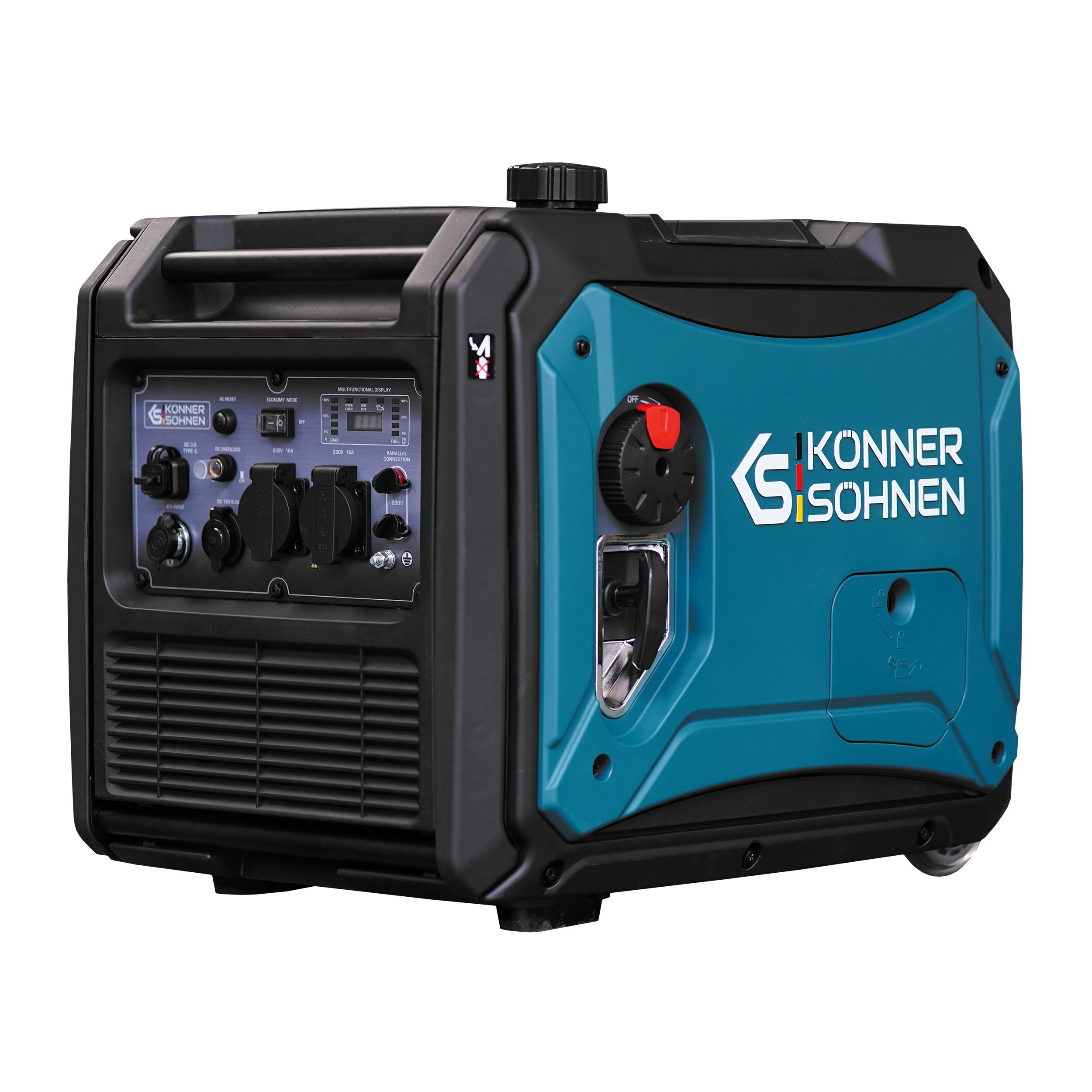 Könner & Söhnen Stromerzeuger KS 4000iE S, (Inverter Generator KS 4000iE S schallgedämmt, 1-tlg., 4.4 kW Höchstleistung, 230V reine Sinuswelle & E-Start), ATS-Anschluss, leise 66 dB, 13L Tank, USB QC 3.0