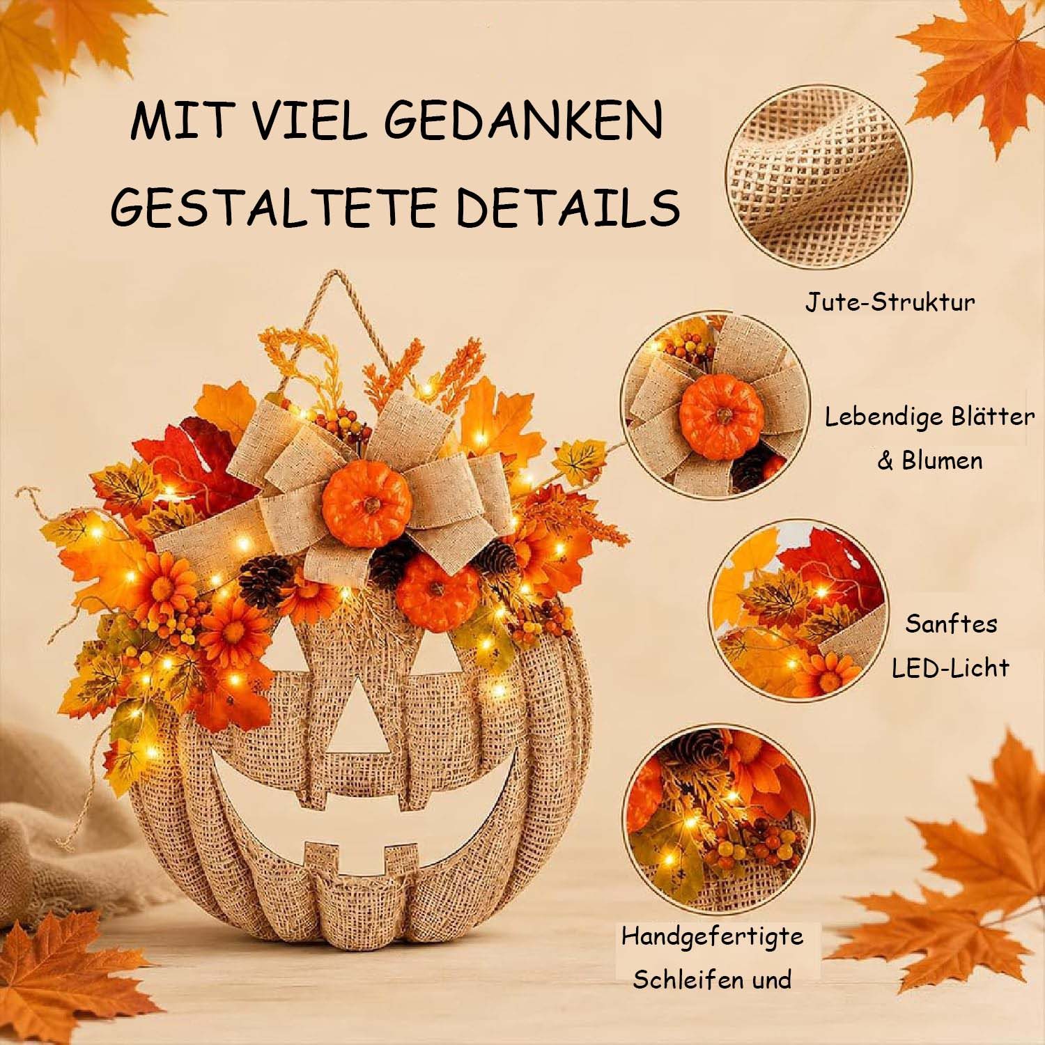 Kunstkranz Beleuchteter Sackleinen-Kürbiskranz, ferngesteuerte Halloween, Bomiclss – Bild 2 von 5