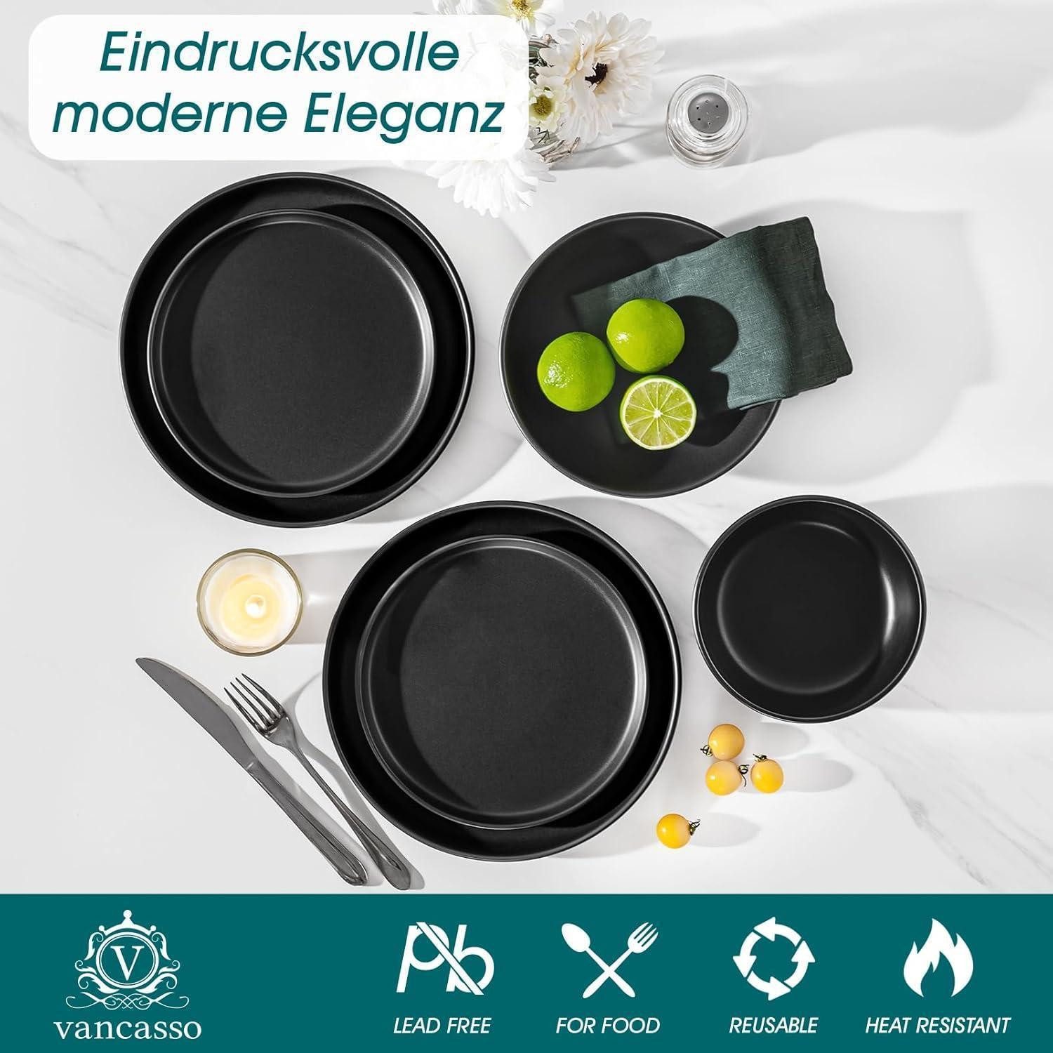 LuxusKollektion Tafelservice Geschirrset 6 Personen Steingut Teller Schalen 24 Teile Set Schwarz