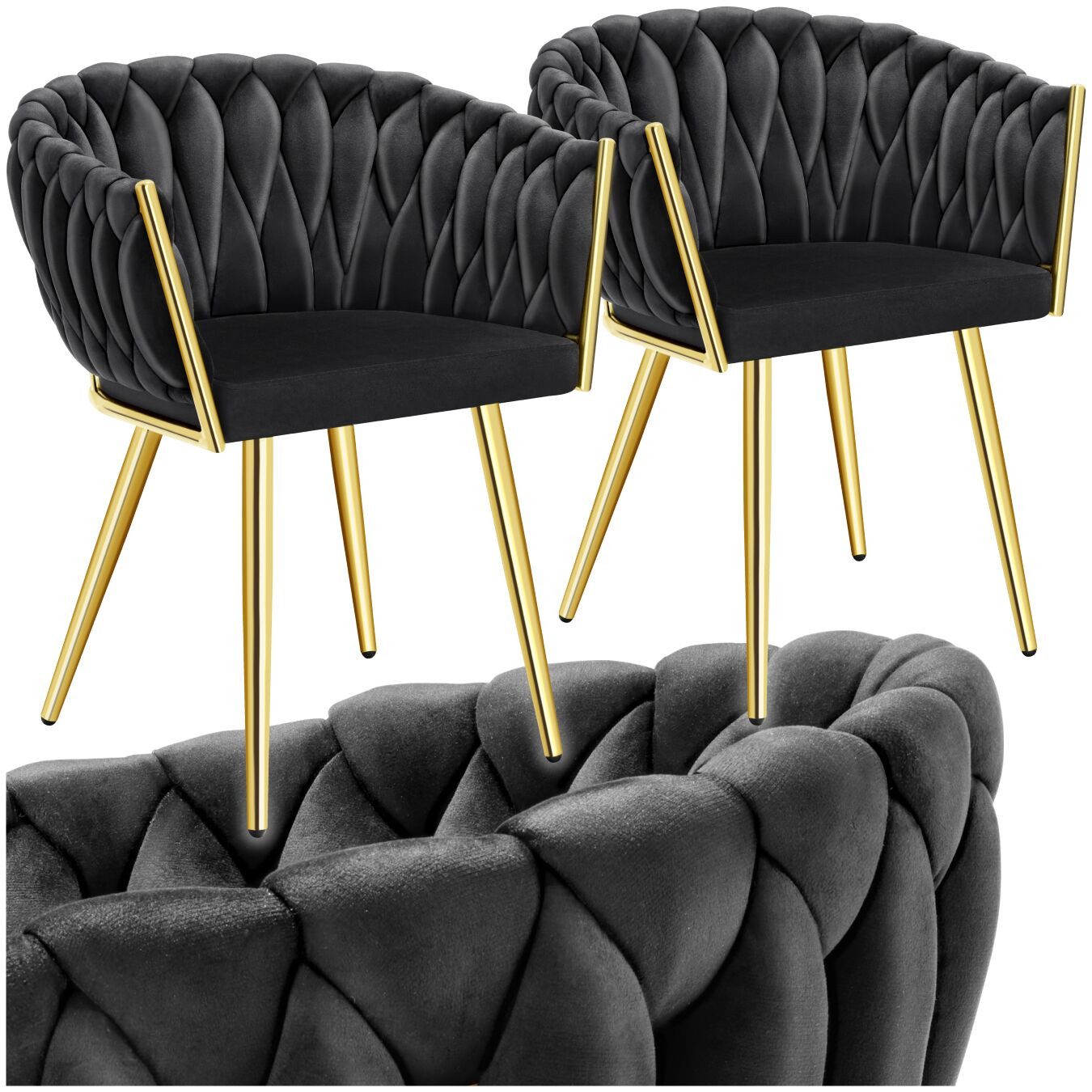 tectake Esszimmerstuhl Samtstuhl gepolstert, mit Samtbezug, Knotendesign, 60,5 x 55 x 75 cm (Polsterstuhl Astano in schwarz/gold, 2 St), Stahlbeine, höhenverstellbare Kunststofffüße, Belastbarkeit 120 kg