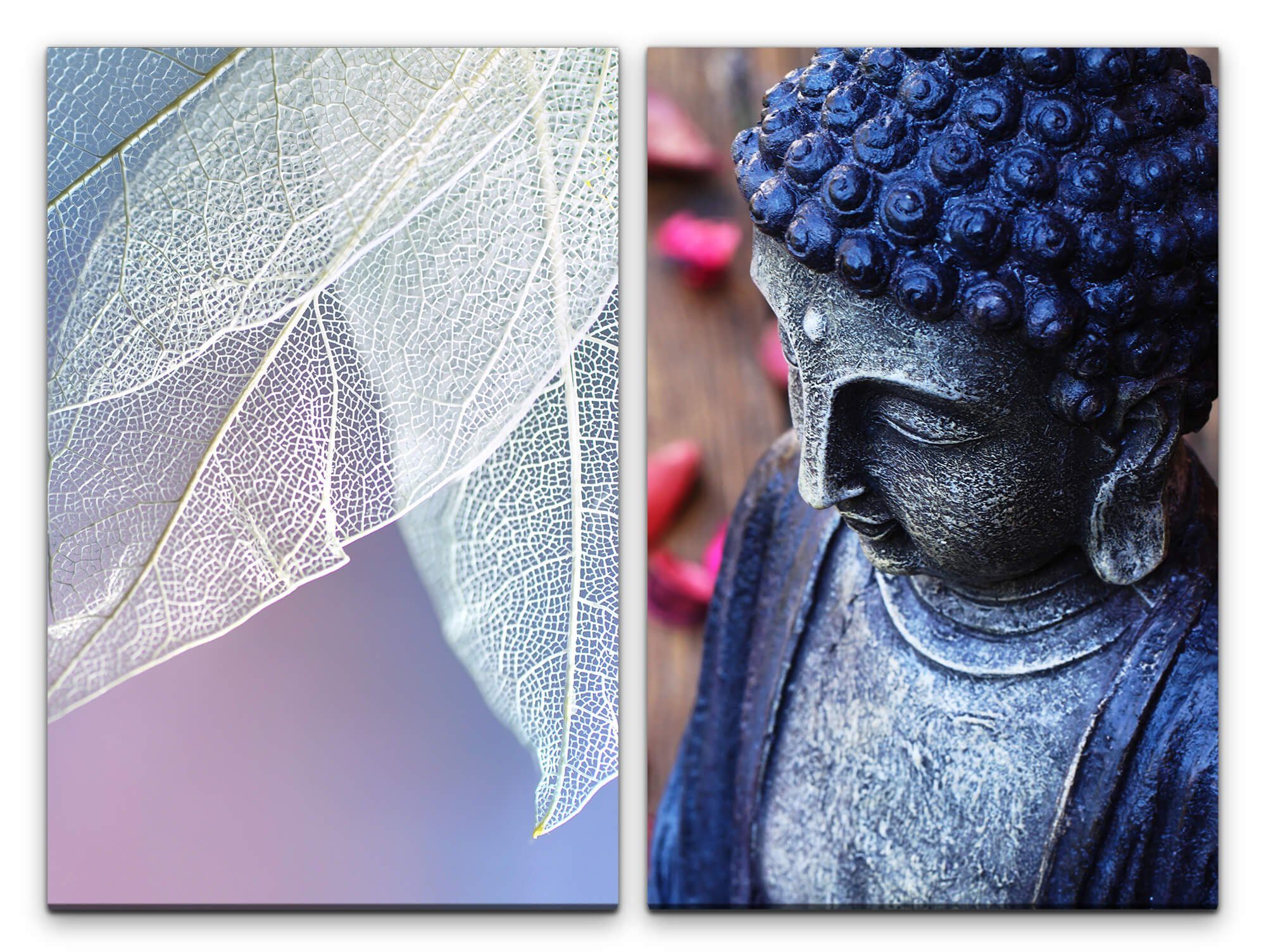Sinus Art Leinwandbild 2 Bilder je 60x90cm Buddha weiße Blätter Asien Behutsam Meditation Beruhigend Achtsamkeit