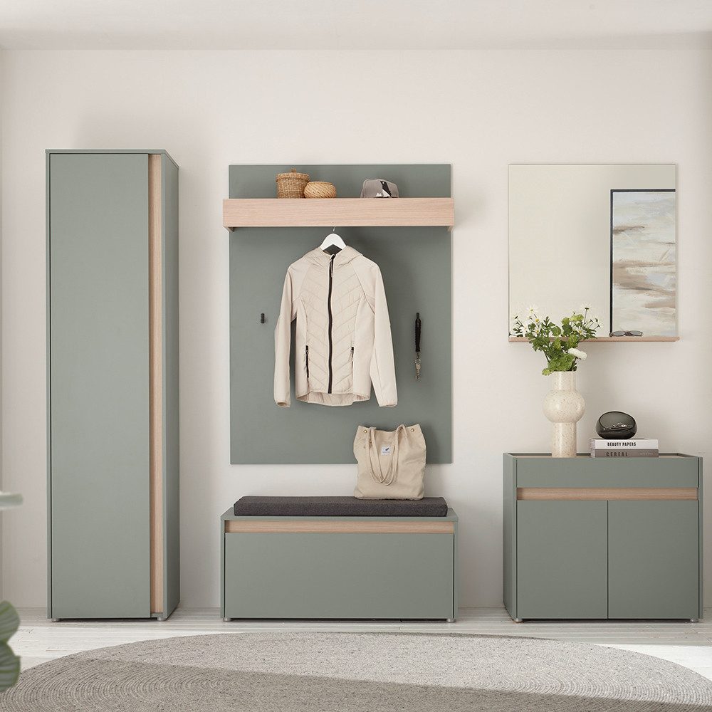 Lomadox Шафи-Set CRISP-61, (Spar-Set, 5-St., Шафиpaneel Schuhbank Spiegel Kommode Flurschrank), grün mit Eiche Nb., grifflos, Spiegel, Stauraum