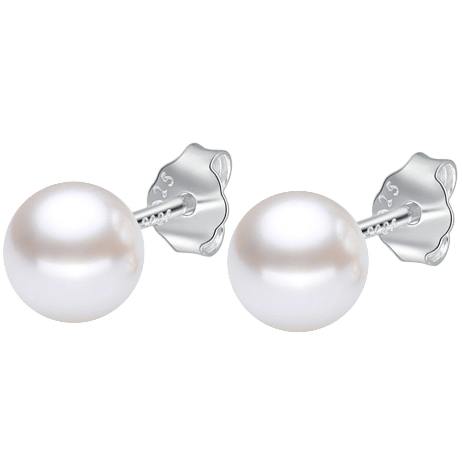 Ditz Paar Ohrstecker Damen Ohrringe Ohrstecker 925 Silber mit weißer Perle 8mm, Geschenke Für Frauen Freundin Mutter zum Geburtstag Muttertag