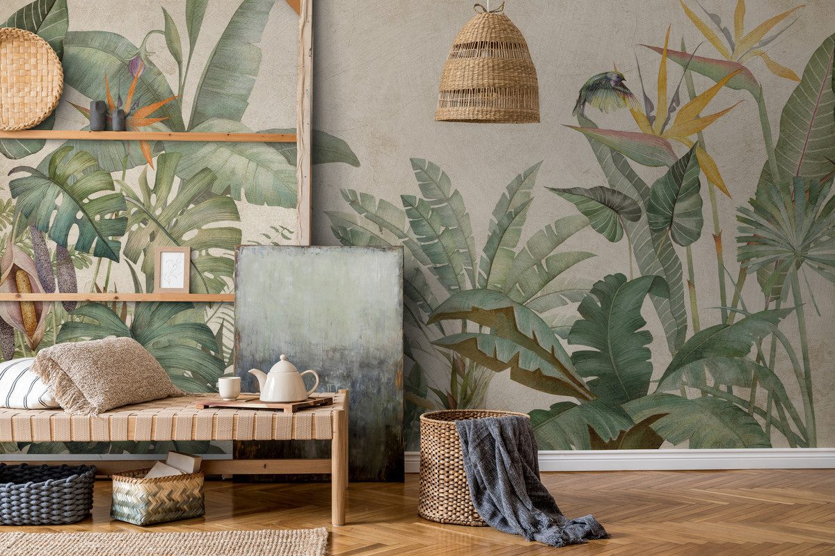 A.S. Création Vliestapete Tropen-Tapete mit Blättern und Vögeln Grün Beige, glatt, matt, (1 St)
