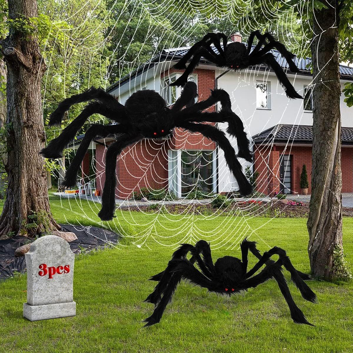 FOUORTUNATE-BEE Hängedekoration 3er Set Halloween Spinnen mit Spinnennetz, schwarze Gruseldeko Party, Große Halloween Spinnen mit Netz für Garten, Fenster und Partys Deko