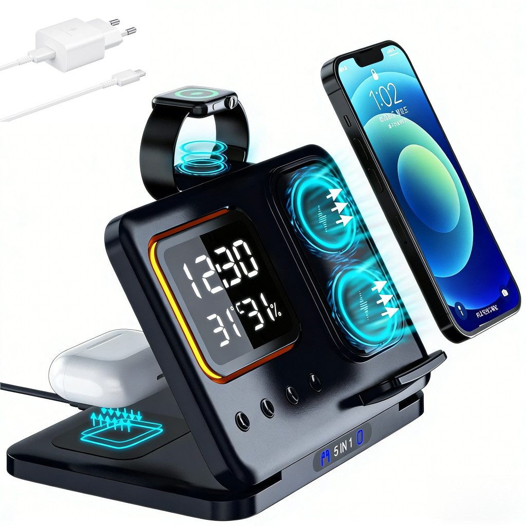 Toomoke Ladegerät, Multi-funktionales 5-in-1 Wireless Charger Ladestation (Digitaler Wecker mit 15W Schnellladung für Apple Watch, Kabellose Ladestation mit LED Nachtlicht und Temperaturanzeige)