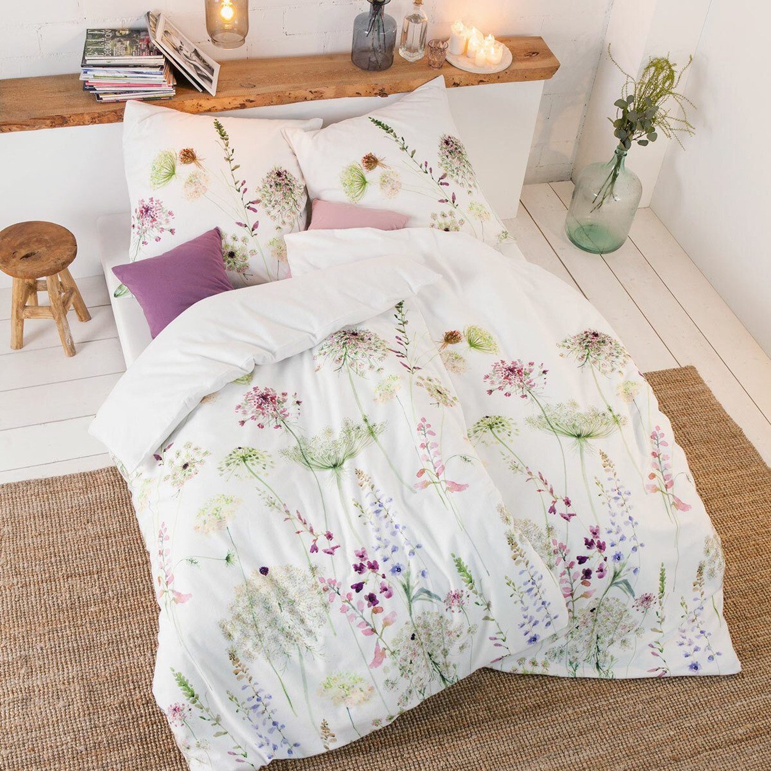 Estella Bettwäsche Estella Mako Satin Bettwäsche Meadow 4704-530 Blumen Streifen 135x200, Mako Satin, 2 teilig, Feinster Premium Mako Satin