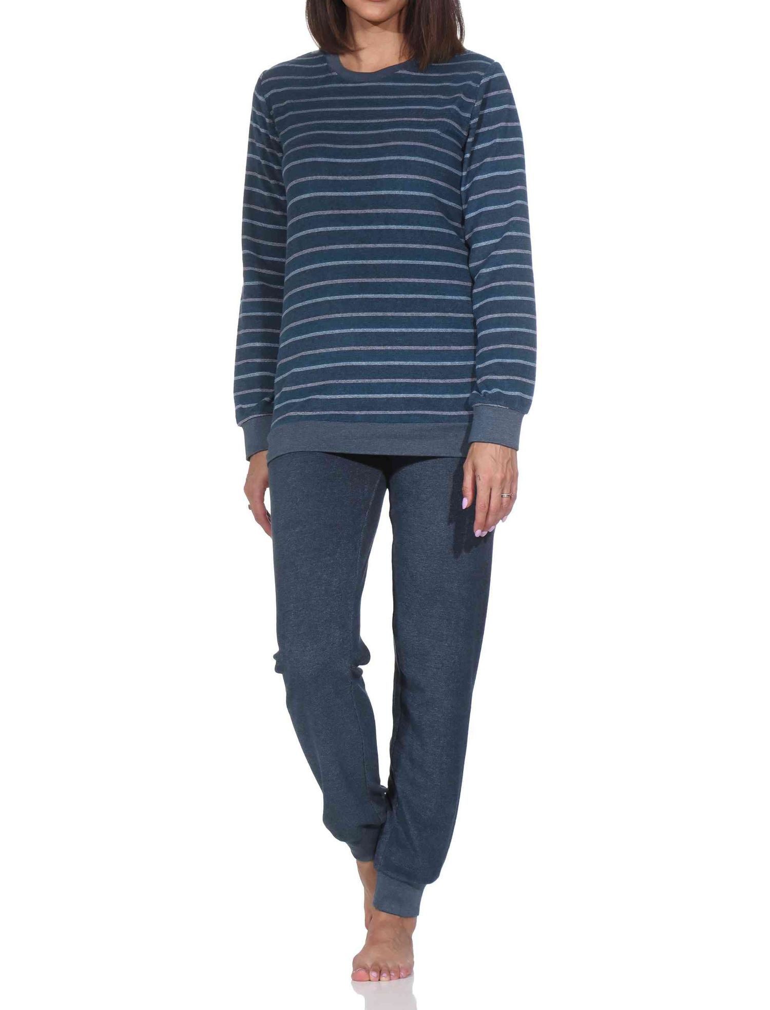 Normann Pyjama Damen Frottee Schlafanzug mit Bündchen in elegantem Streifendesign