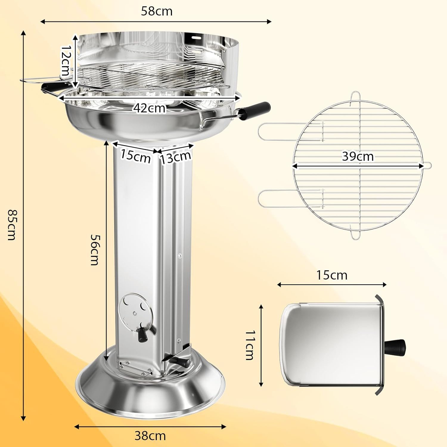 TLGREEN Holzkohlegrill Wetterfester Edelstahl 58*42*85cm, Säulengrill mit 4-fach höhenverstellbarem Grillrost, Aschekasten & Belüftung, Tragbarer BBQ Grill für Outdoor Camping Garten Balkon