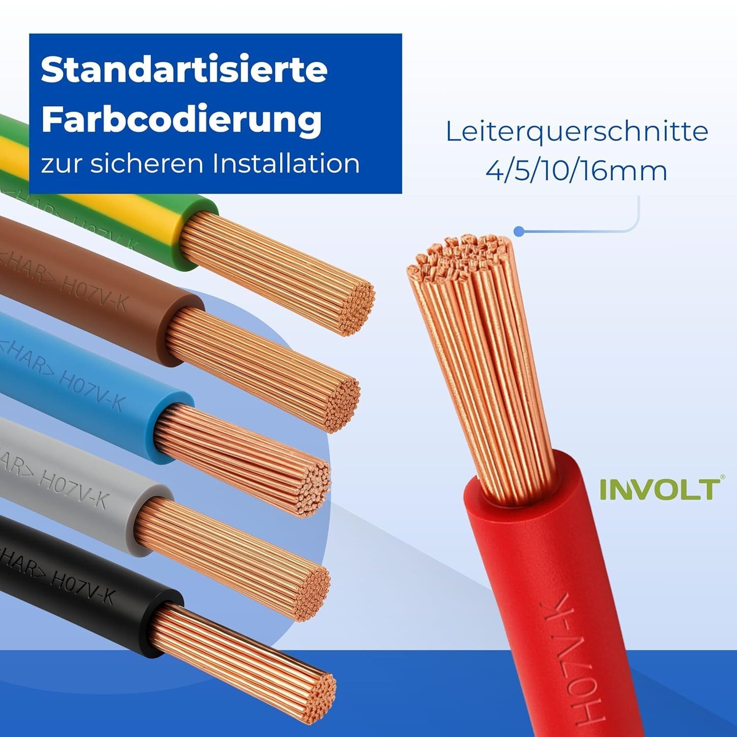 INVOLT H07V-K Verdrahtungsleitung 6mm² Set: 1m Blau, 1m Grün-Gelb, 3m Schwarz Stromkabel