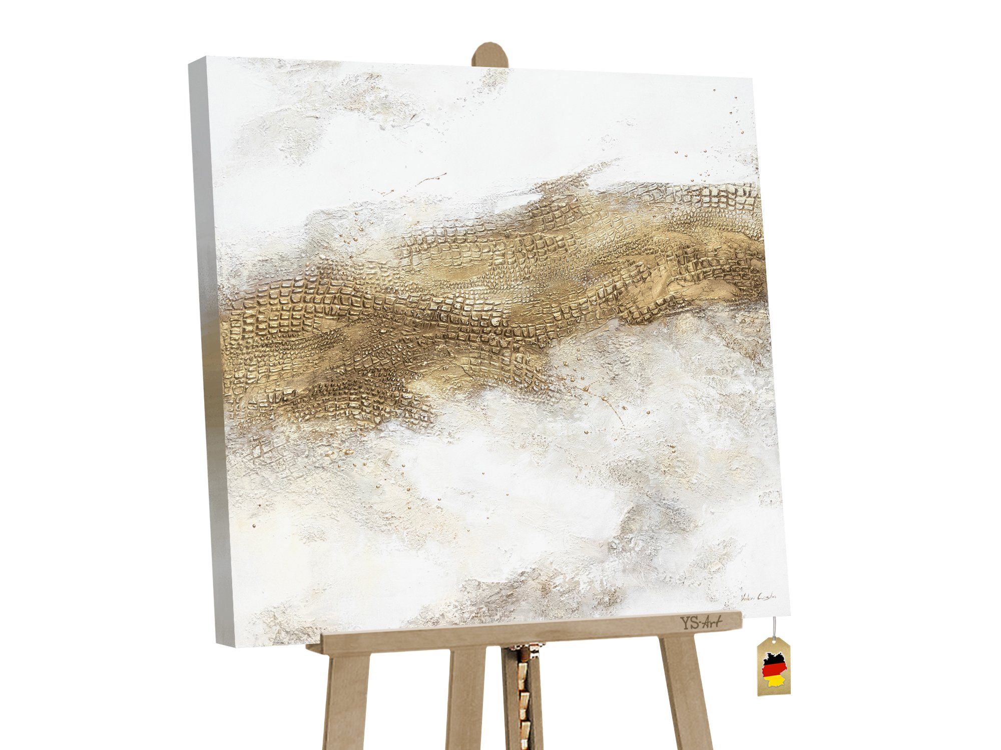 YS-Art Gemälde April, Abstrakte Bilder, Abstraktes auf Leinwand Bild Handgemalt Weiß Gold Strukturiert | Gemälde
