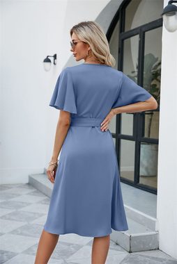 AFAZ New Trading UG Spitzenkleid Damen Elegant Chiffon Kleid V-Ausschnitt Cape Ärmel A-Linie Cocktailkleid Hochzeit