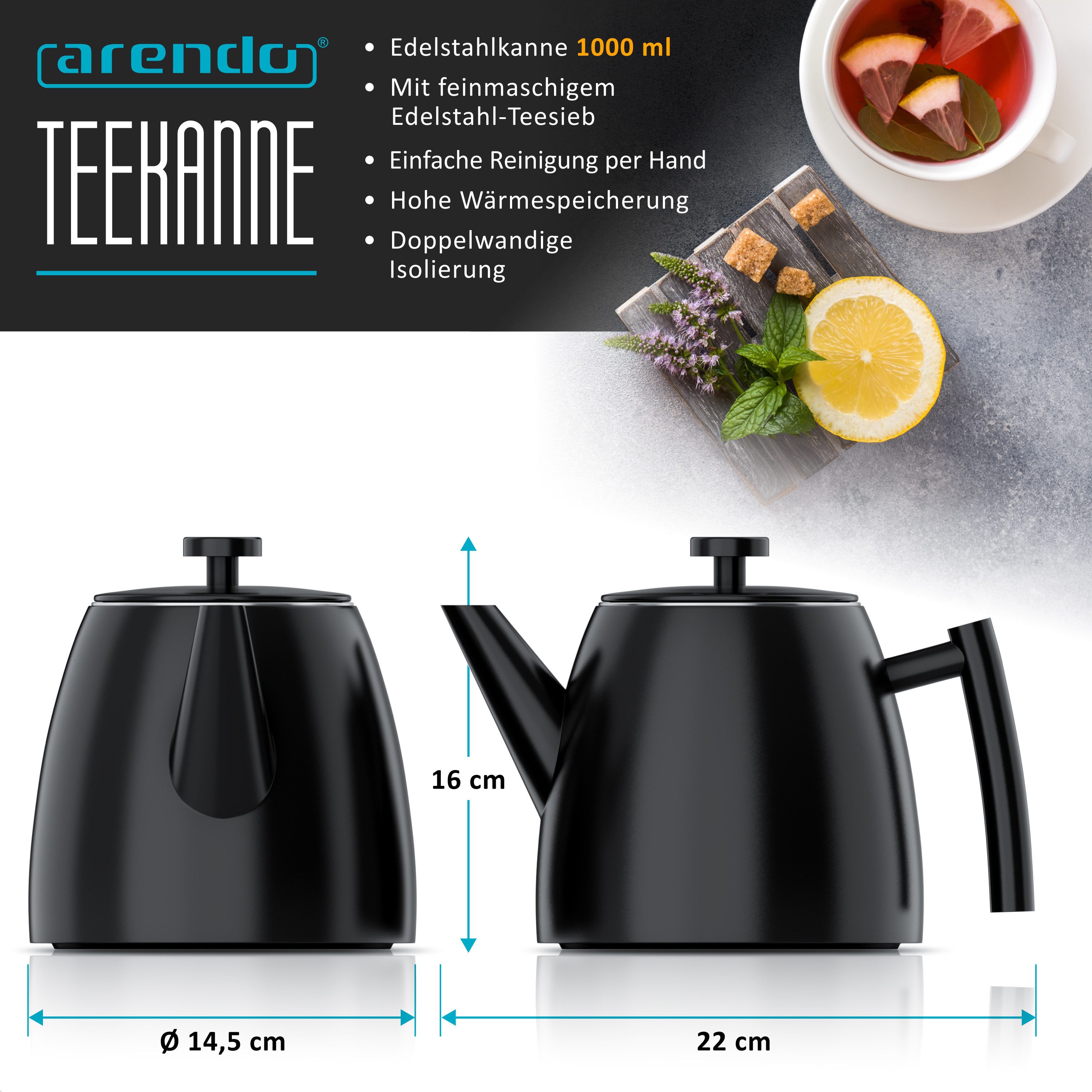 Arendo Teekanne mit Griff aus Metall, Edelstahl Isolierkanne mit Siebeinsatz, 1000 ml, 1 l, (Set, 2-St), Doppelwandige Thermo Isolierung, Kanne mit Teesieb für losen Tee