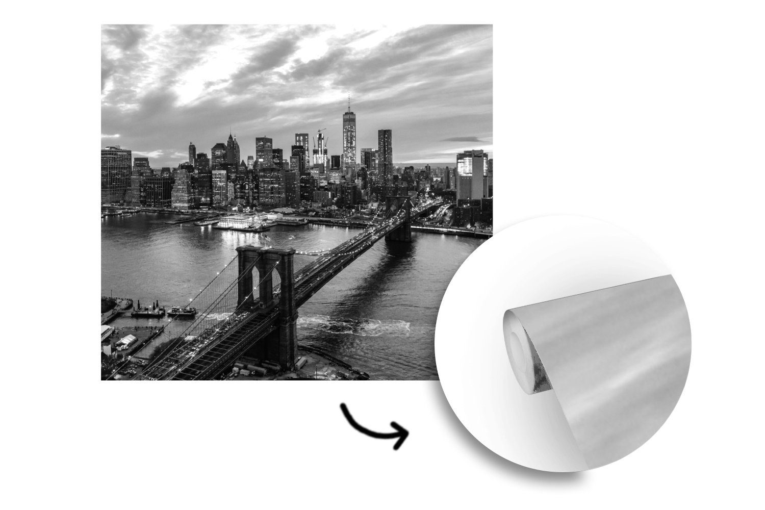 MuchoWow Fototapete Luftaufnahme (5 Schlafzimmer, Tapete Wohnzimmer Brooklyn St), schwarz-weiß, für - oder bedruckt, Vinyl Wandtapete Bridge der Matt