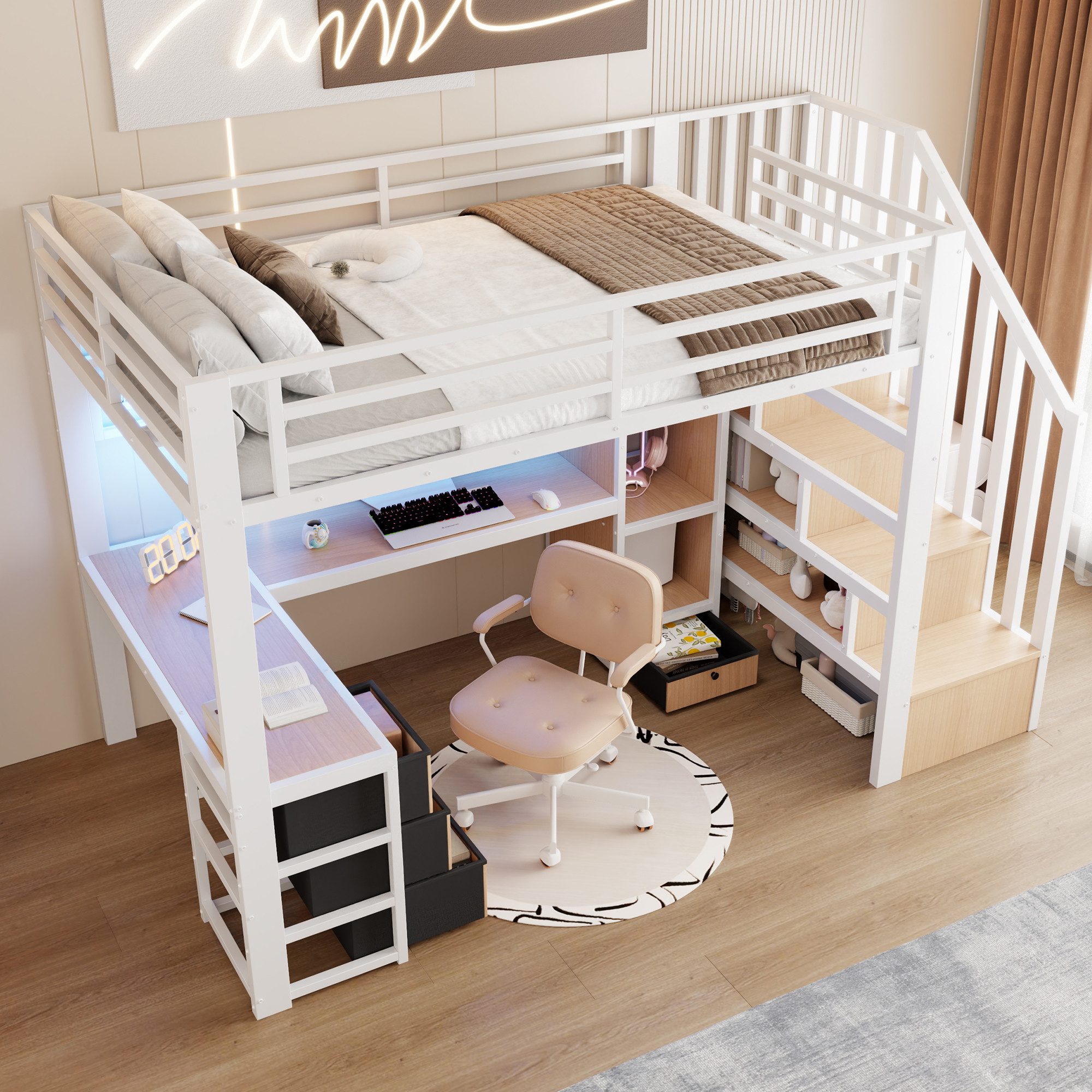 REDOM Hochbett Jugendbett mit Eisenrahmen, Ablagefach, 4 Schubladen (LED-Lichtleiste, Schreibtisch und Stauraumtreppe, Funktionsbett Metallbett, 90 x 200 cm) ohne Matratze