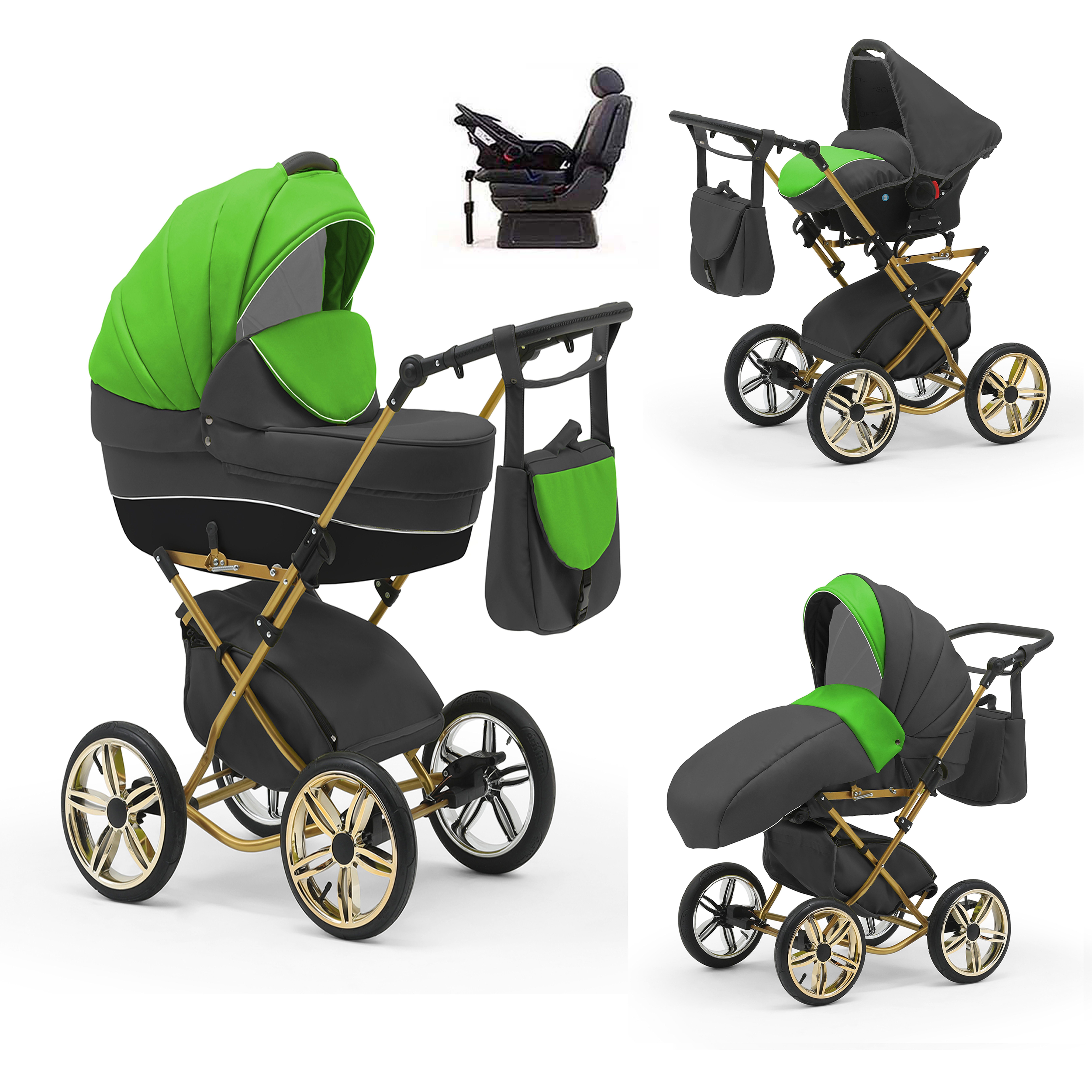 babies-on-wheels Kombi-Kinderwagen Sorento 4 in 1 inkl. Autositz und Iso Base - 14 Teile - in 10 Designs Grün-Grau