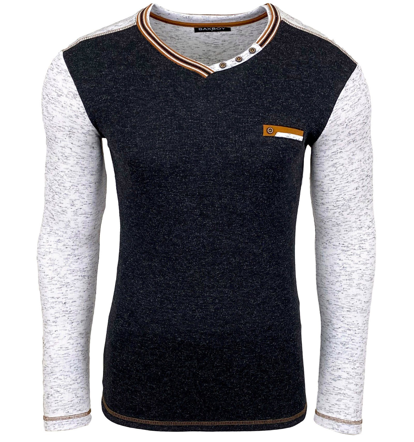 Baxboy T-Shirt 3055 V-Ausschnitt Longshirt Langarm Weiß Longsleeve Herren Männer Baxboy