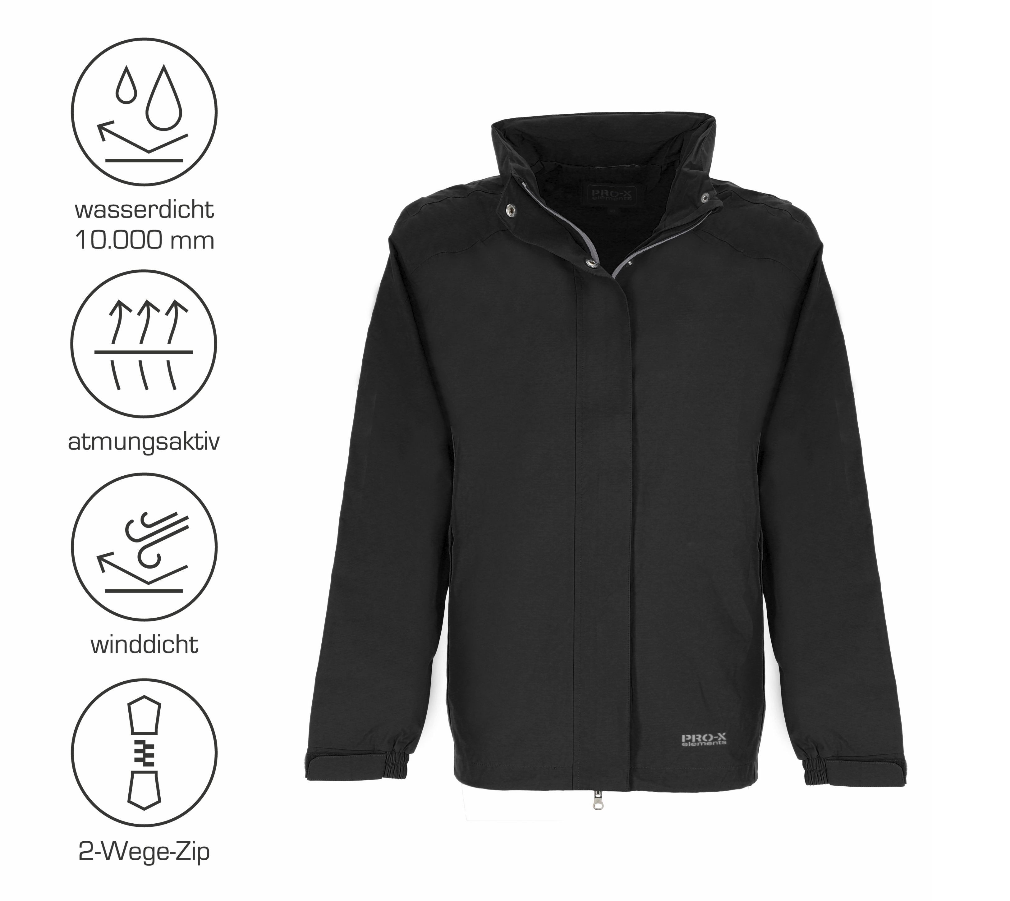 PRO-X ELEMENTS Funktionsjacke CARRIE wasserdicht, atmungsaktiv, im Packsack verstaubar, große Größen Wasserdicht Atmungsaktiv Leicht Im Packsack verstaubar Große Größen