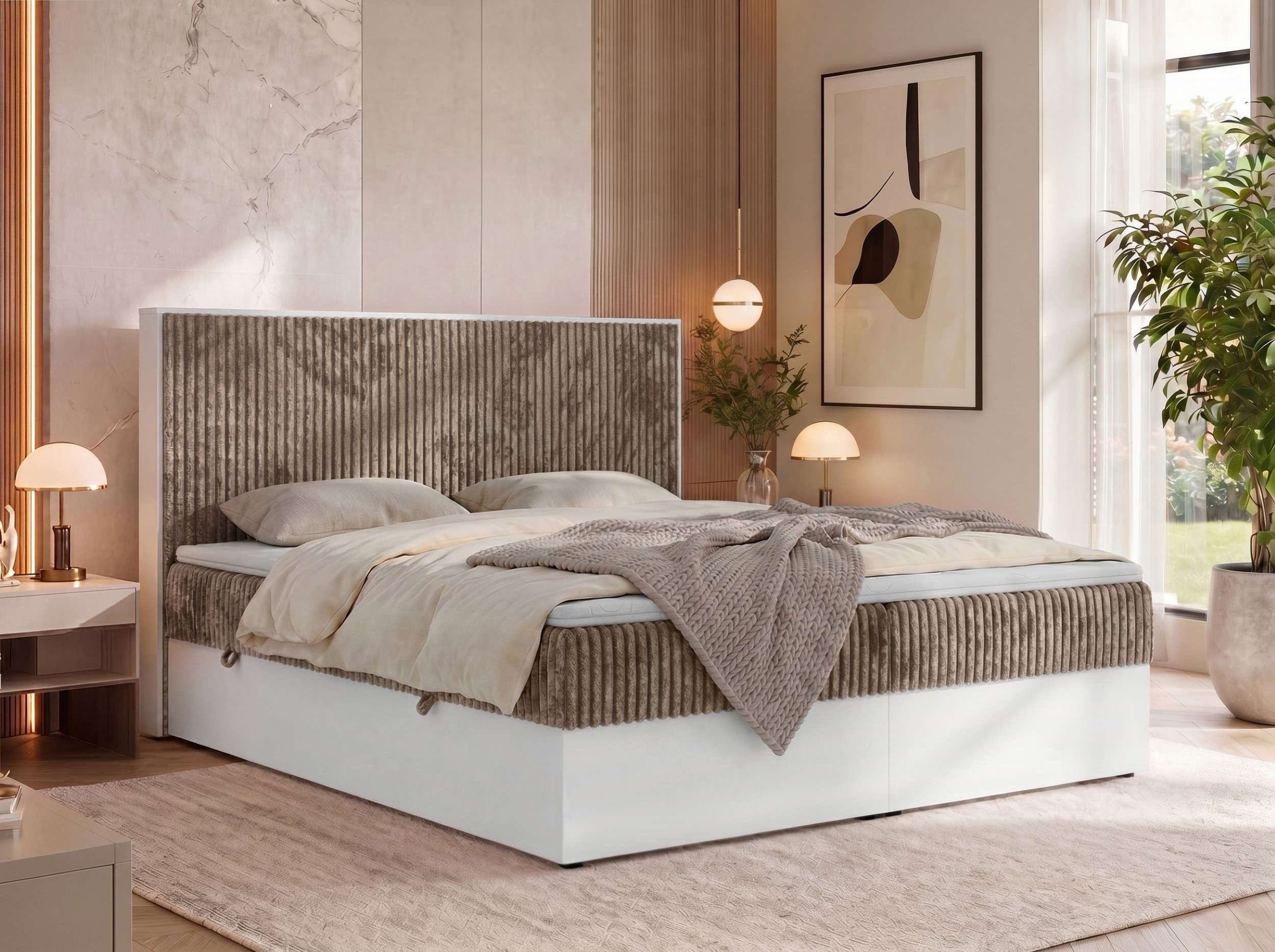 MKS MÖBEL Boxbett TRAVIT (Boxspringbett - Set, Packung, Cordbett, Topper T25/Visco, hohe Kopfteil, Multipocket-Matratze), Doppelbett, Stauraum, weiße Deko-Möbelplattenelementen