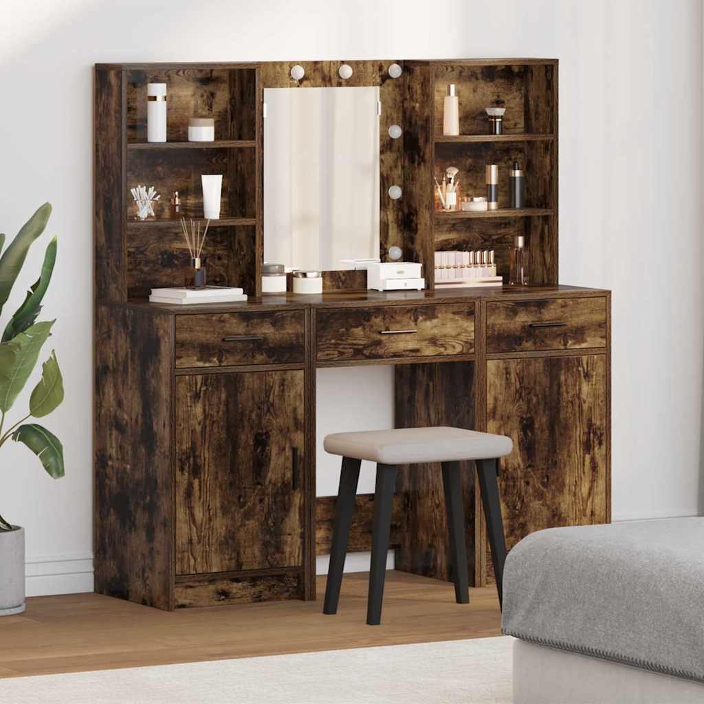 vidaXL Schminktisch Schminktischset mit LED 3 stk. Räuchereiche Holzwerkstoff (3-St)