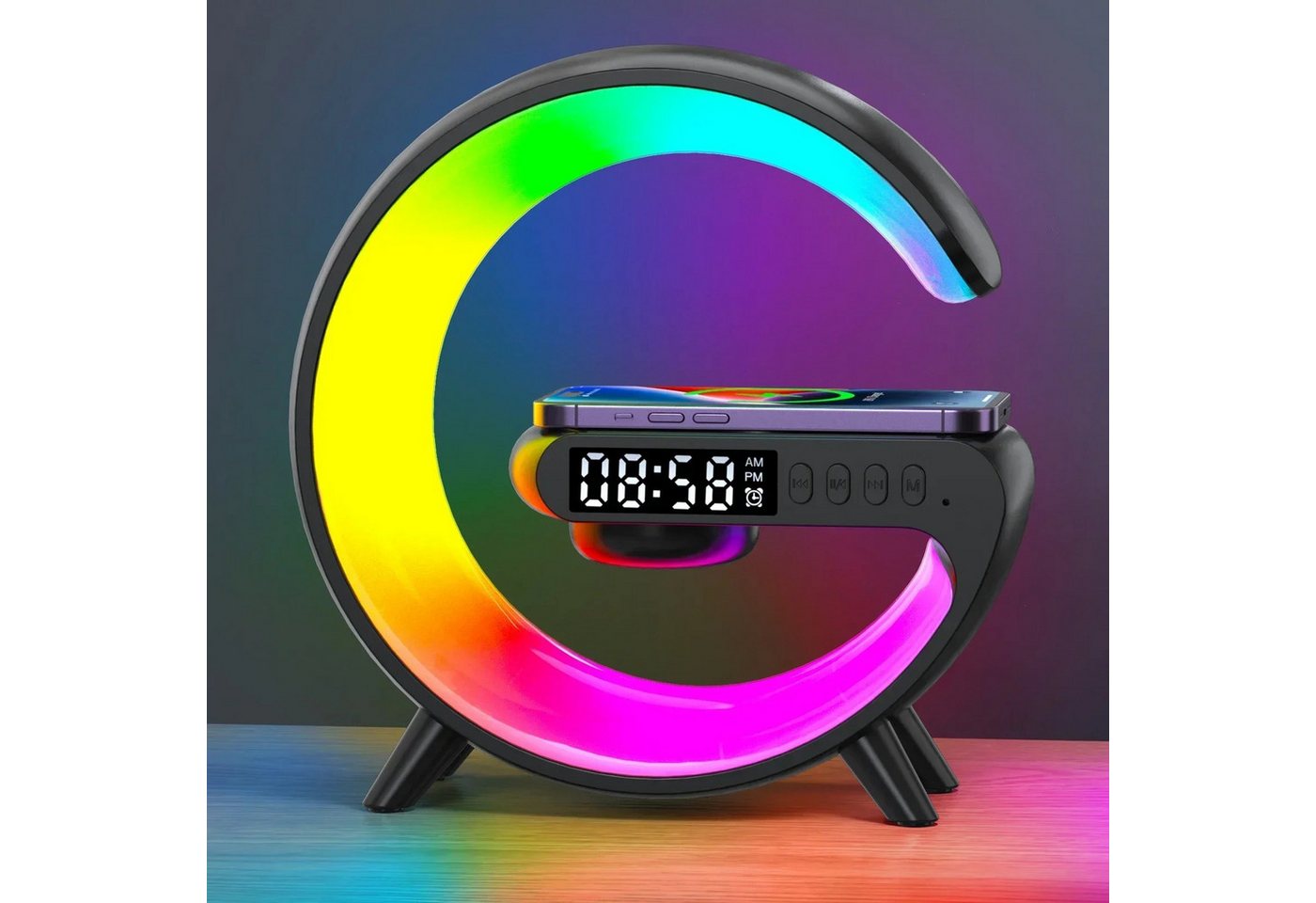 Athlix LED Nachttischlampe 4-in-1 Nachttischlampe mit Ladefunktion und Wecker Ladestation Lampe, LED fest integriert, Bunt, 360° Surround-Sound, Kabelloses Laden, Millionen Farboptionen