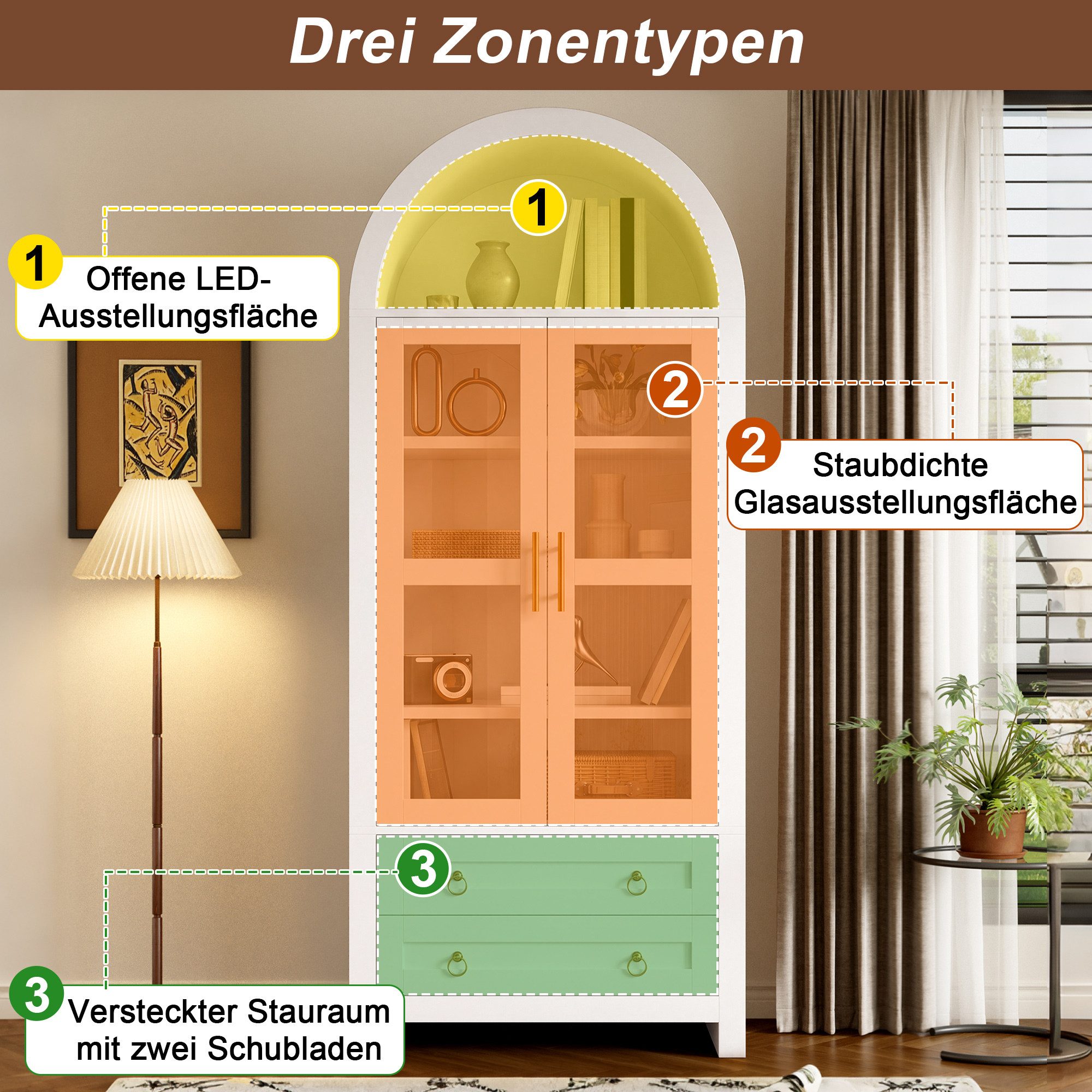 Merax Hochschrank mit LED-Beleuchtung,Standvitrine Vitrinenschrank mit Retro-Bogendesign (Aufbewahrungsschrank Buffetschrank Anrichte, 1-St., 76 x 40 x 180 cm)  – Bild 5 von 5